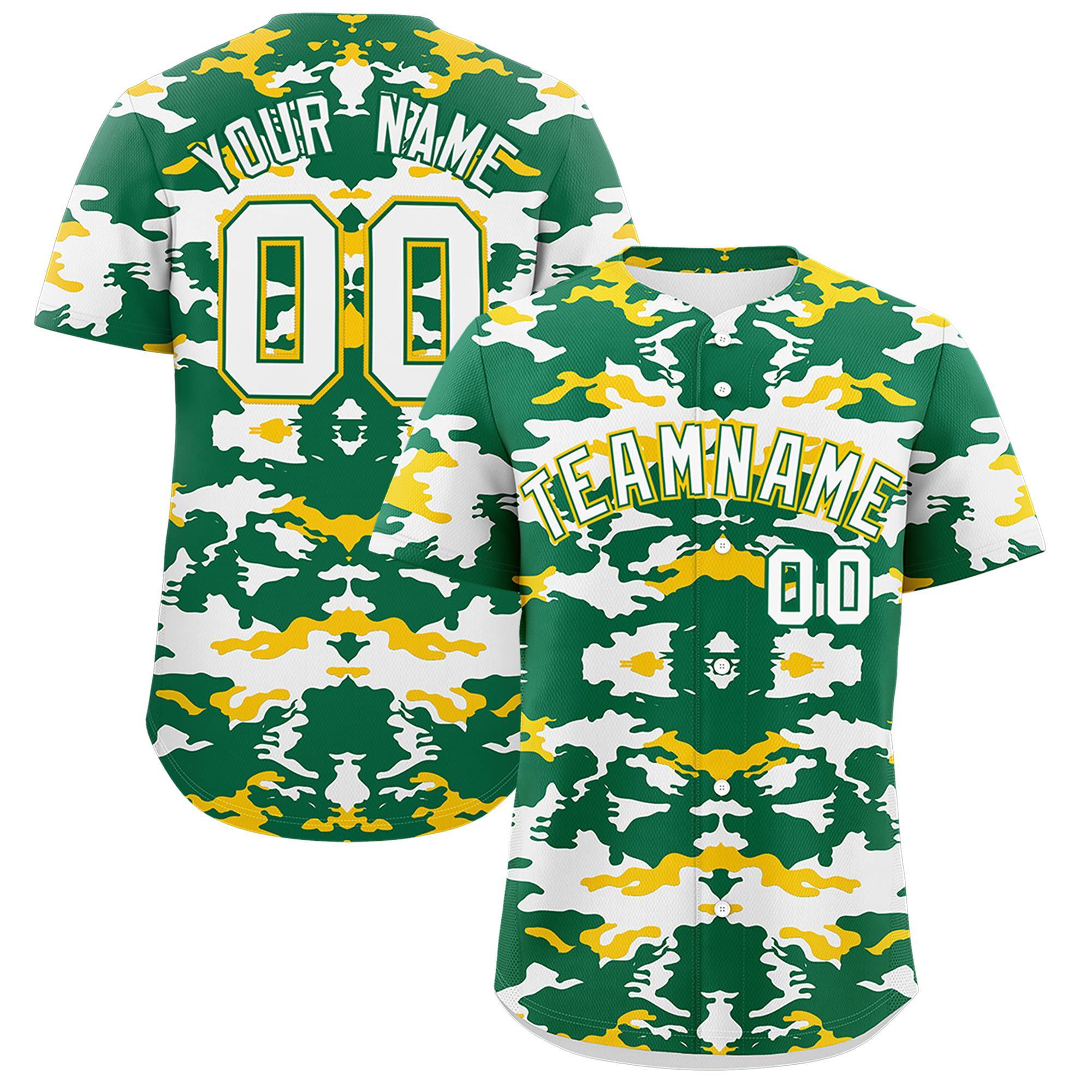 Custom Kelly Green Gold-White Personalized Camo Design Authentic Baseball Jersey