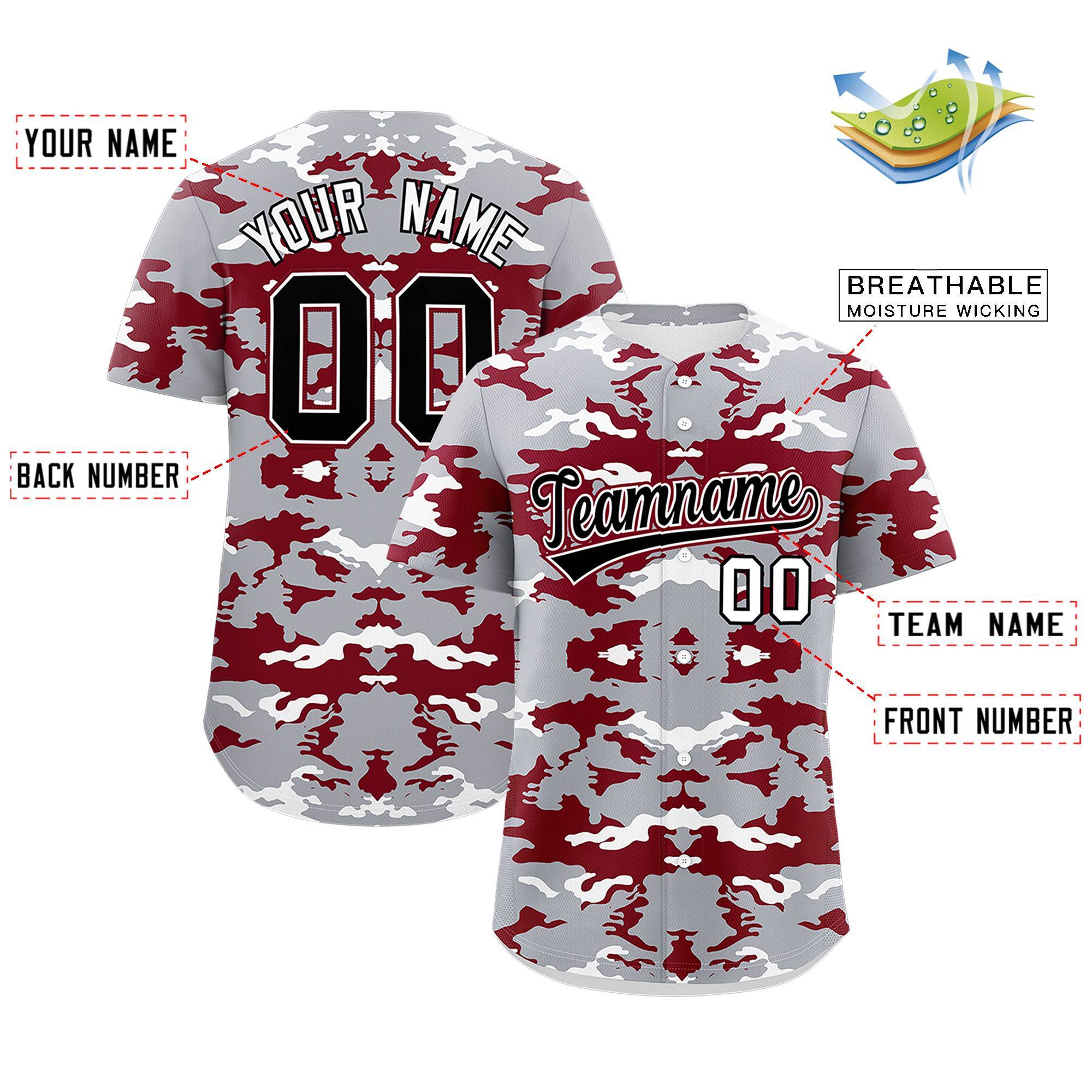 Custom Gray White-Crimson Personalized Camo Design Authentic Baseball Jersey