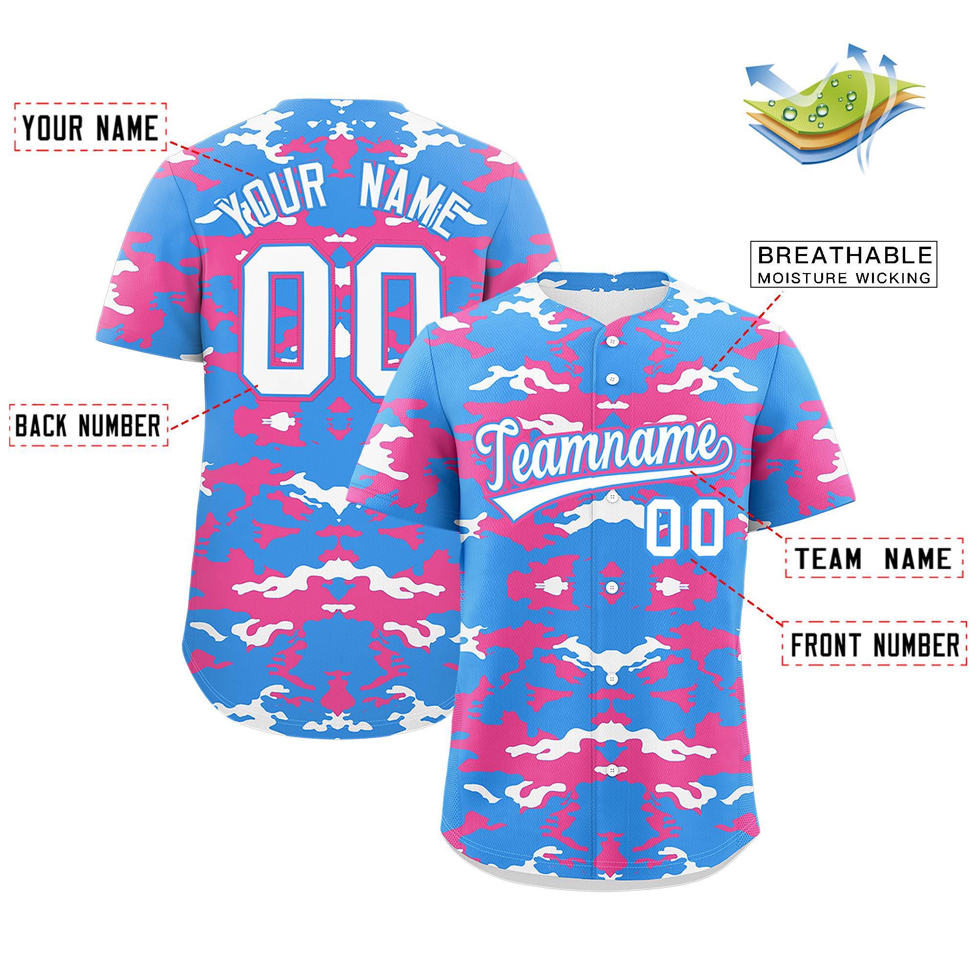 Custom Powder Blue Pink-White Personalized Camo Design Authentic Baseball Jersey