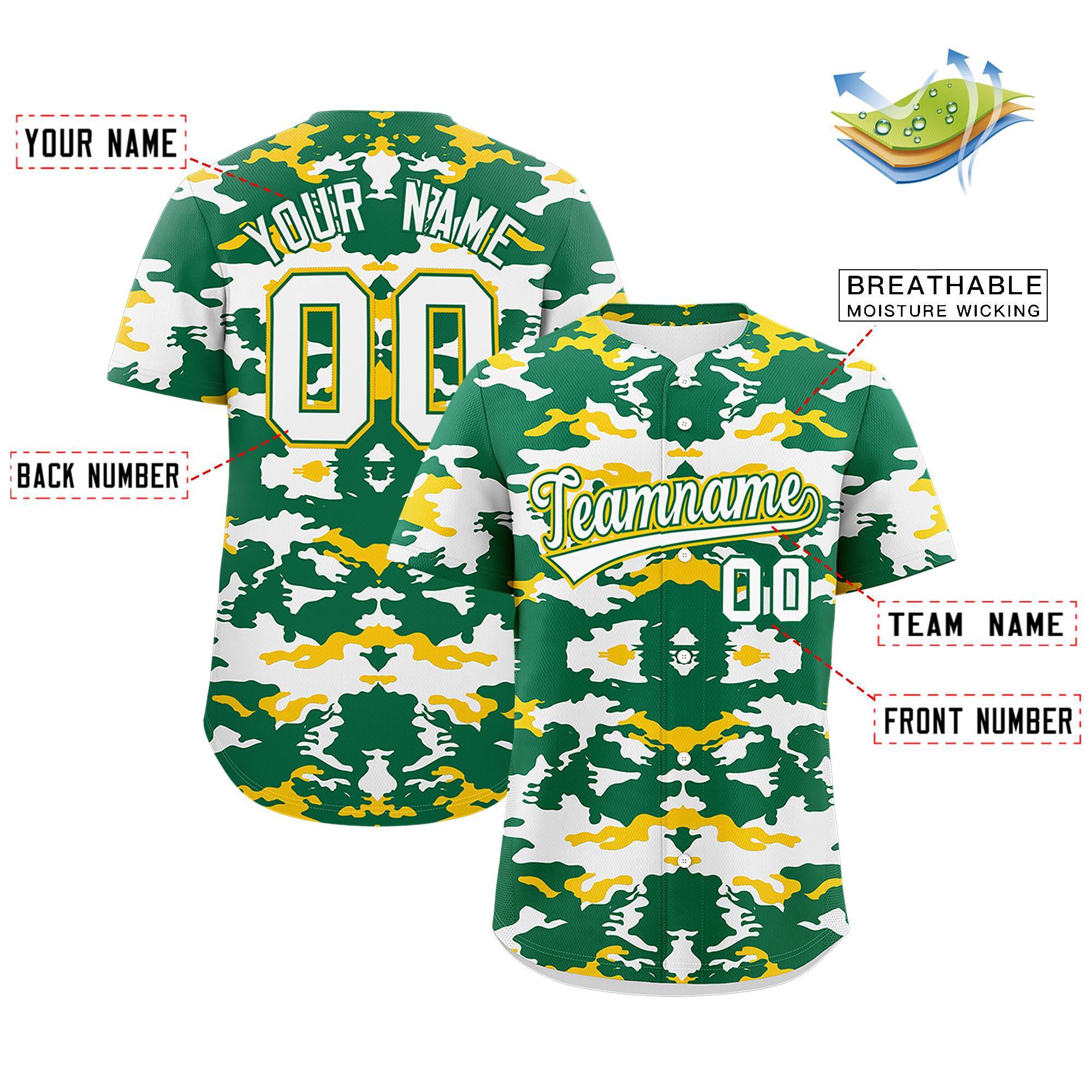 Custom Kelly Green Gold-White Personalized Camo Design Authentic Baseball Jersey