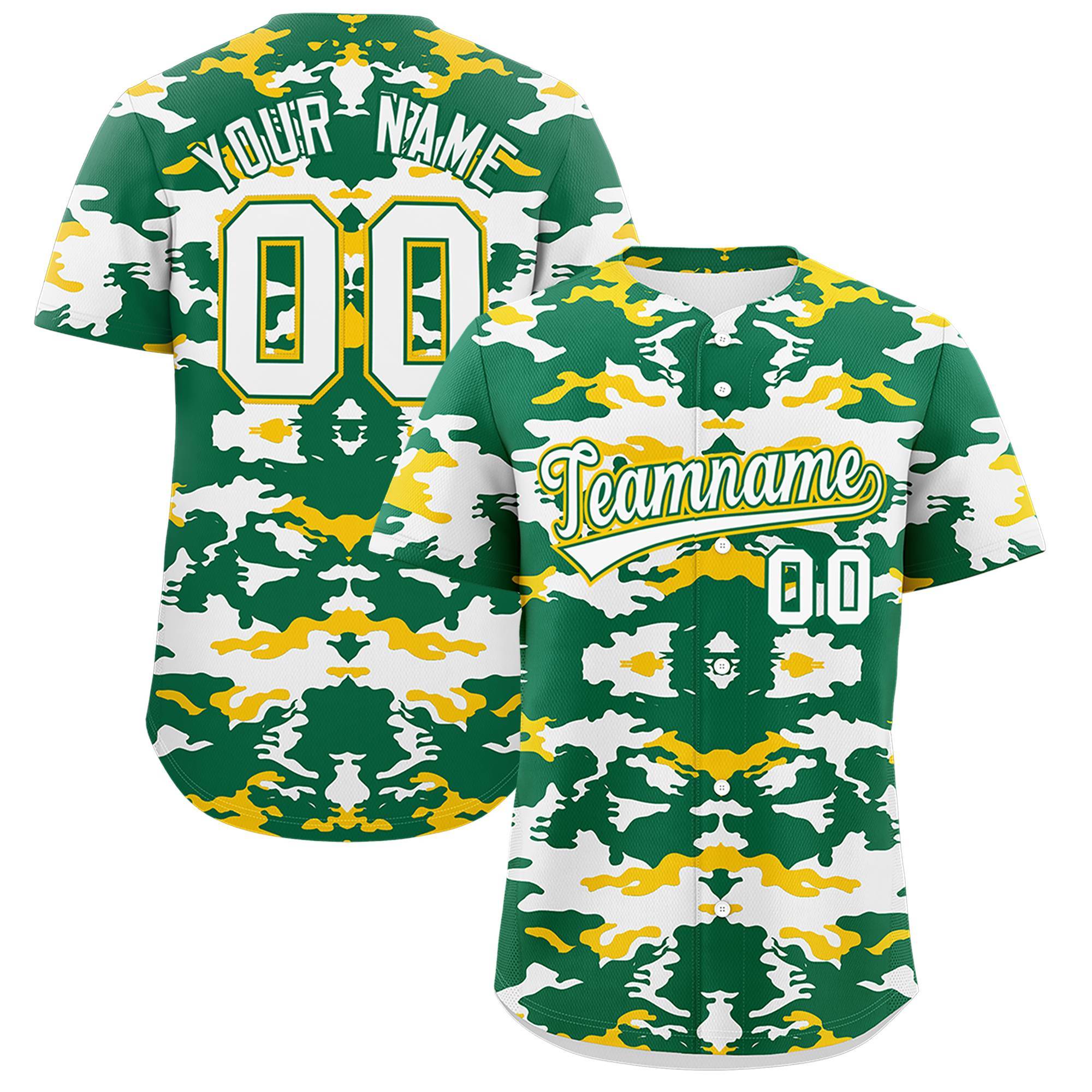 Custom Kelly Green Gold-White Personalized Camo Design Authentic Baseball Jersey