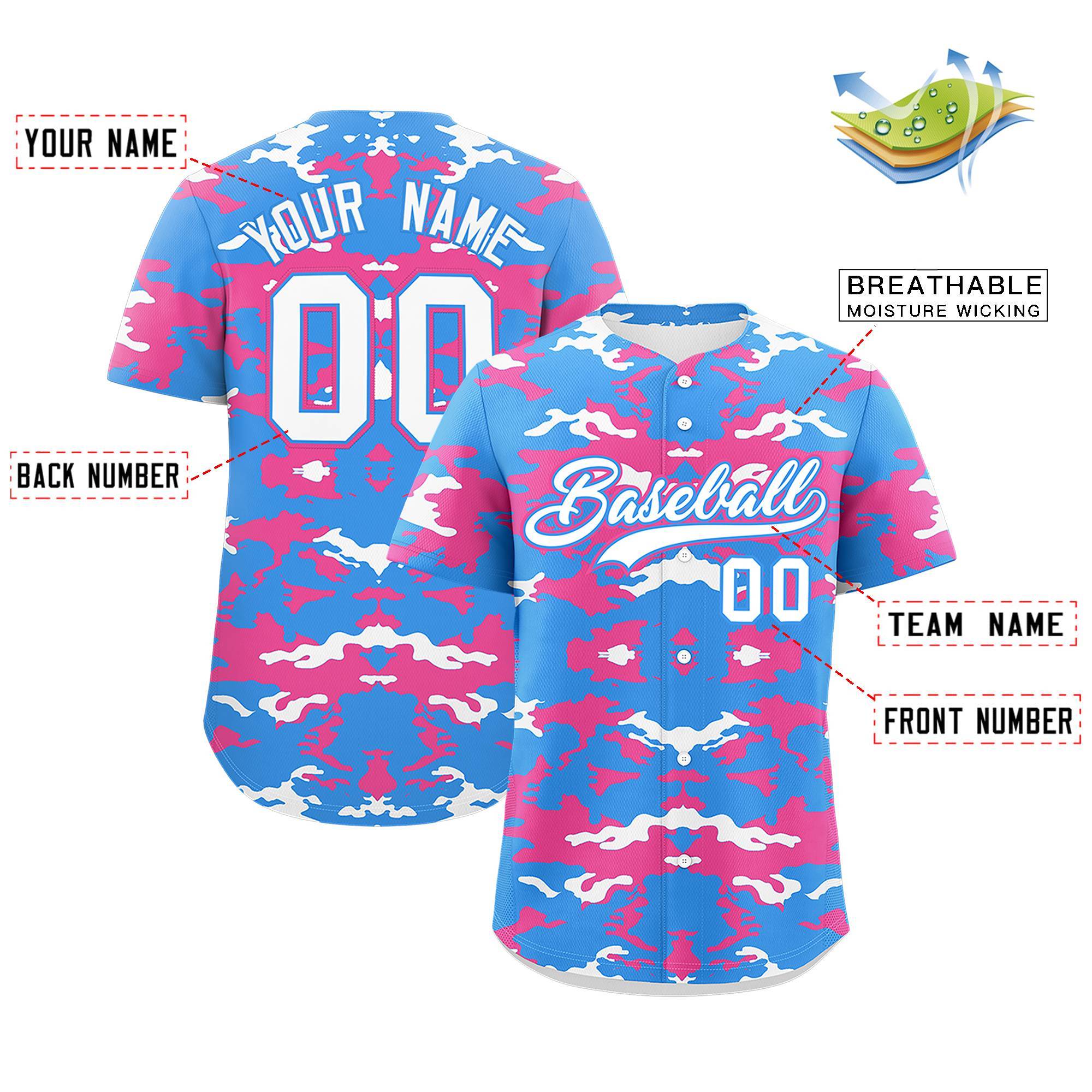 Custom Powder Blue Pink-White Personalized Camo Design Authentic Baseball Jersey