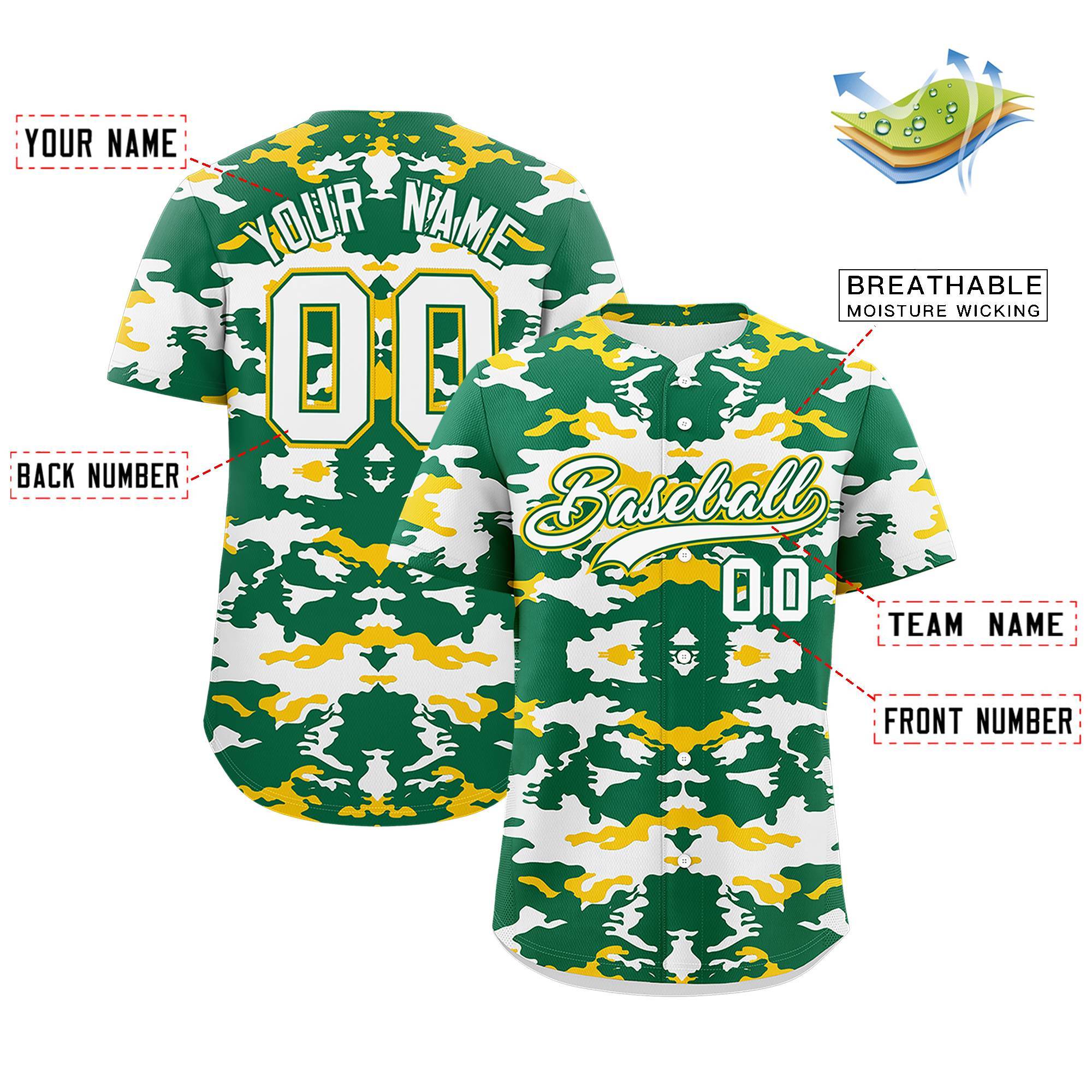 Custom Kelly Green Gold-White Personalized Camo Design Authentic Baseball Jersey