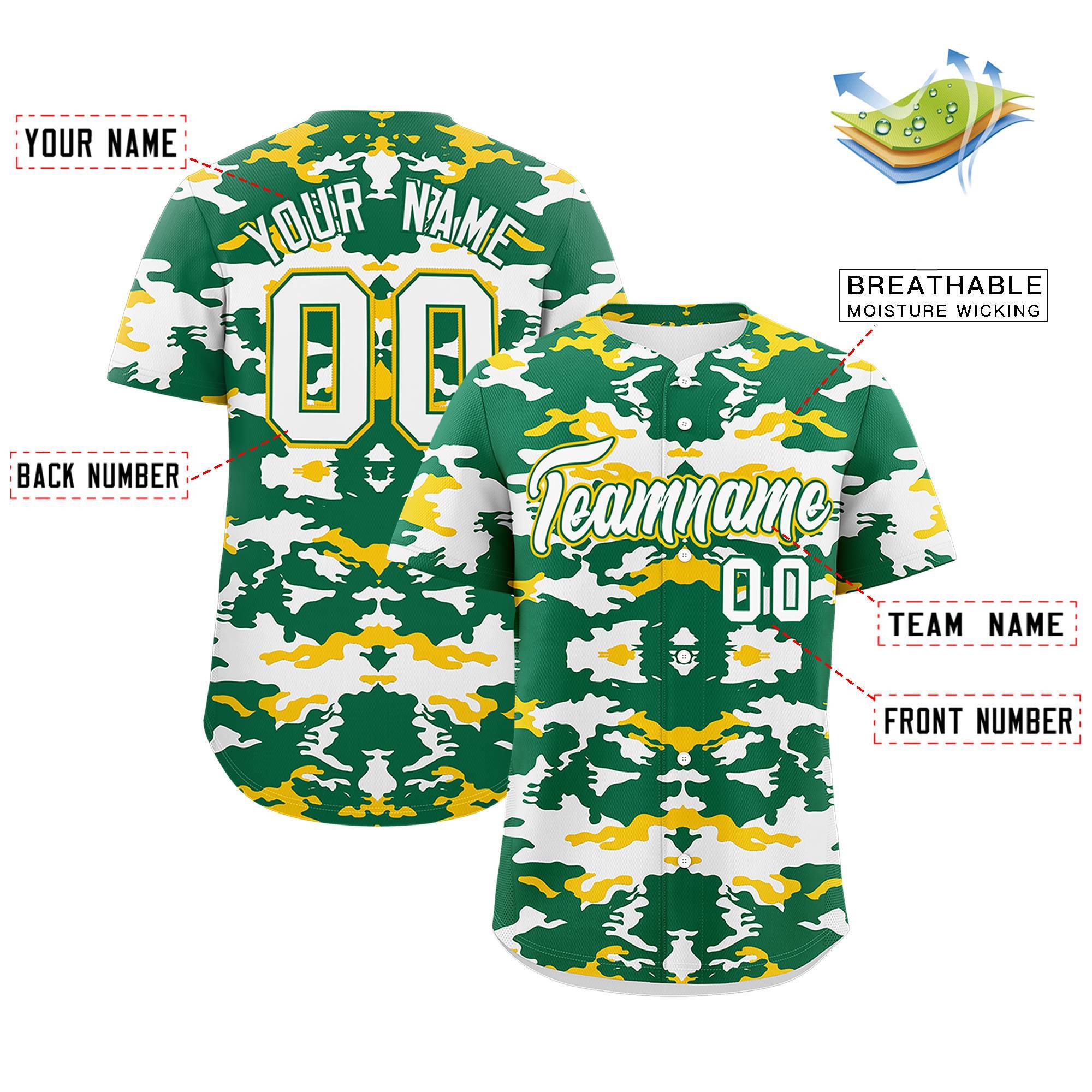 Custom Kelly Green Gold-White Personalized Camo Design Authentic Baseball Jersey