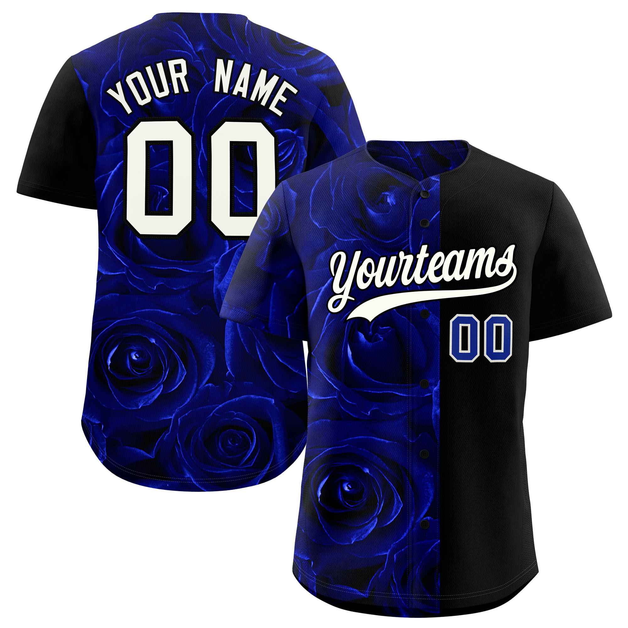 Custom Royal Black Split Rose Print Authentic Baseball Jersey