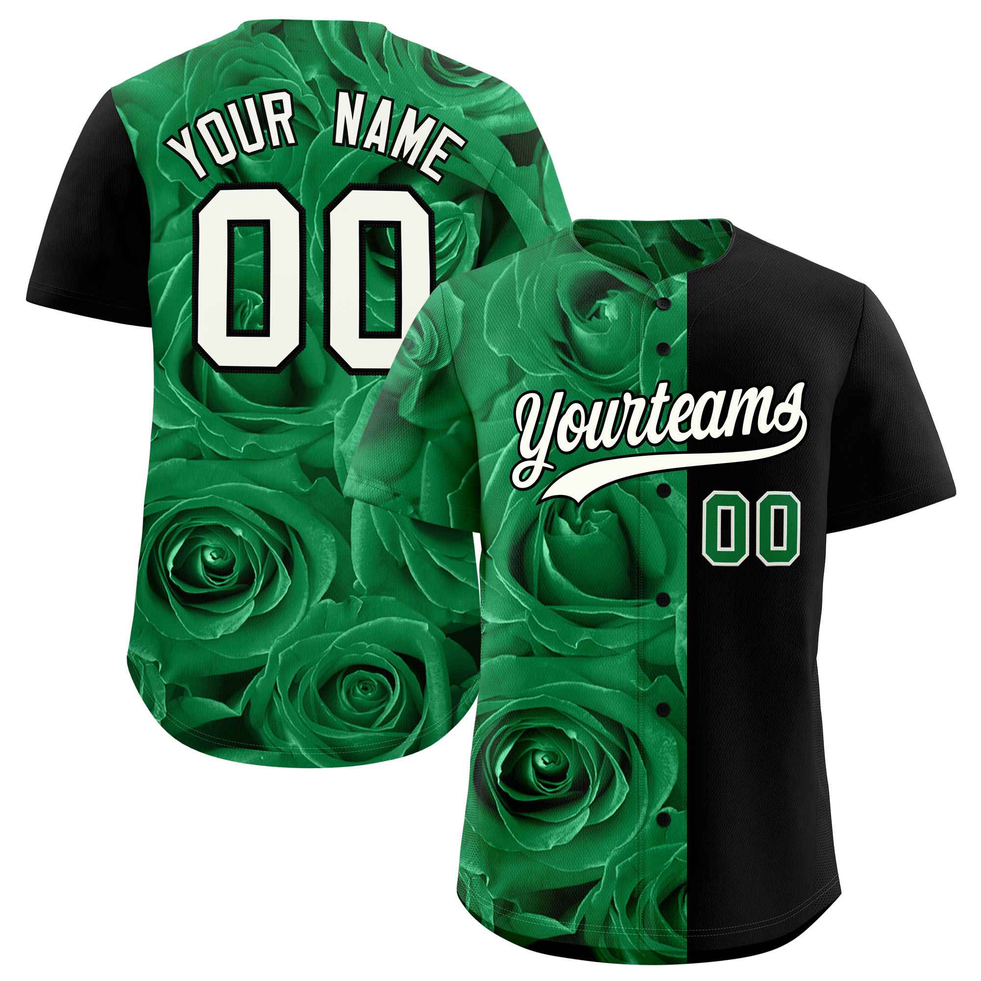 Custom Kelly Green Black Split Rose Print Authentic Baseball Jersey