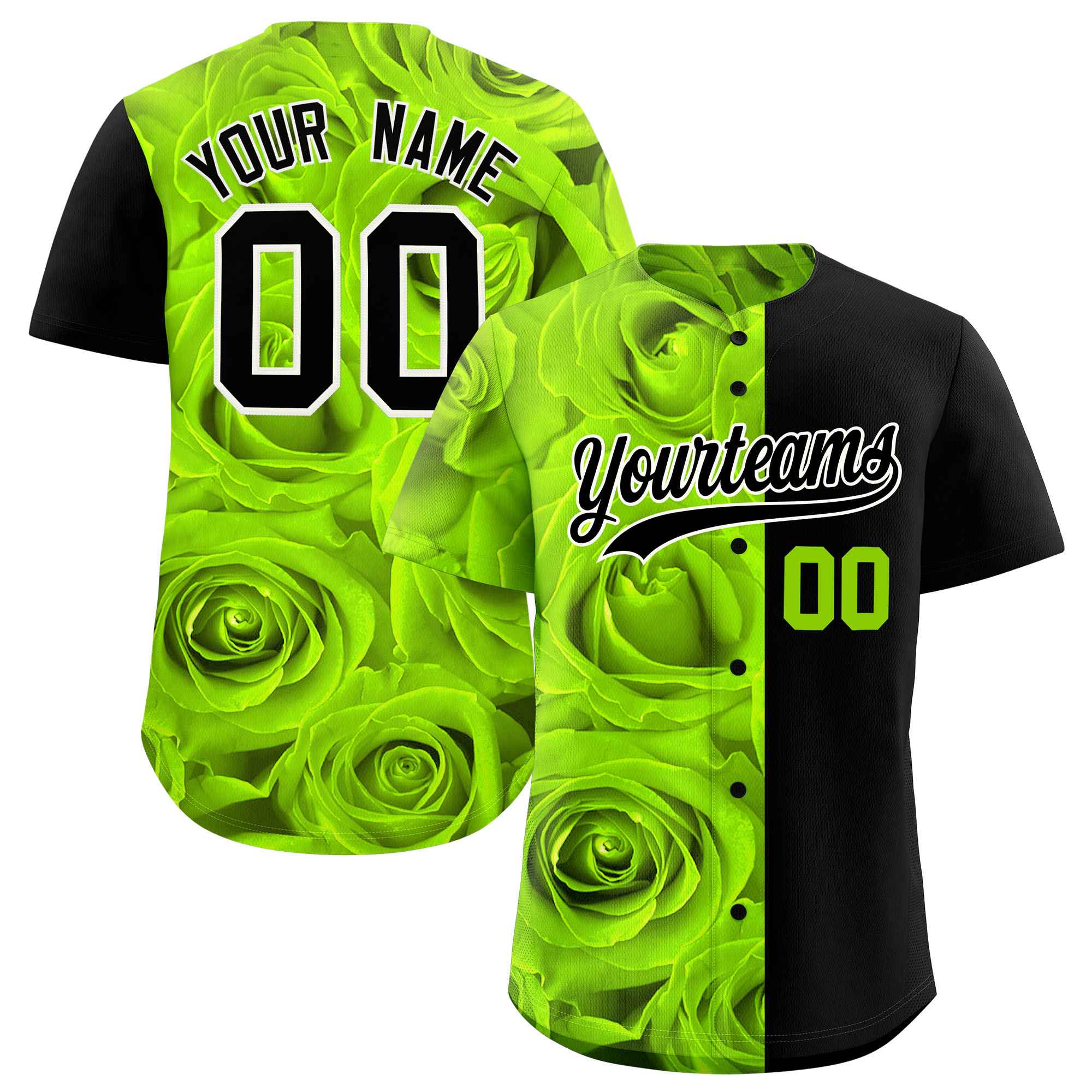 Custom Neon Green Black Split Rose Print Authentic Baseball Jersey