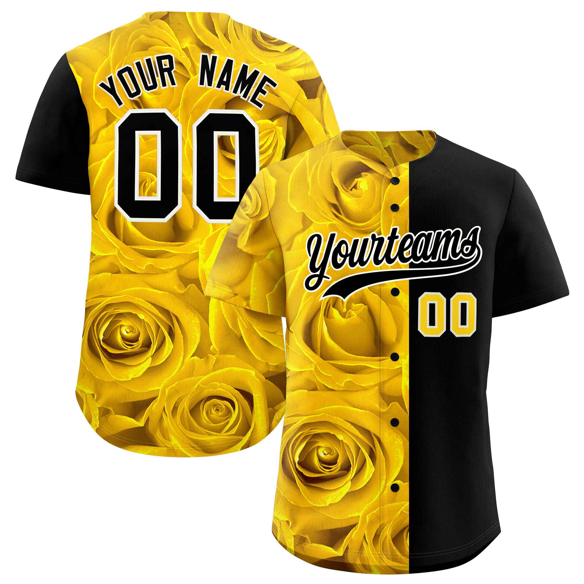 Custom Gold Black Split Rose Print Authentic Baseball Jersey