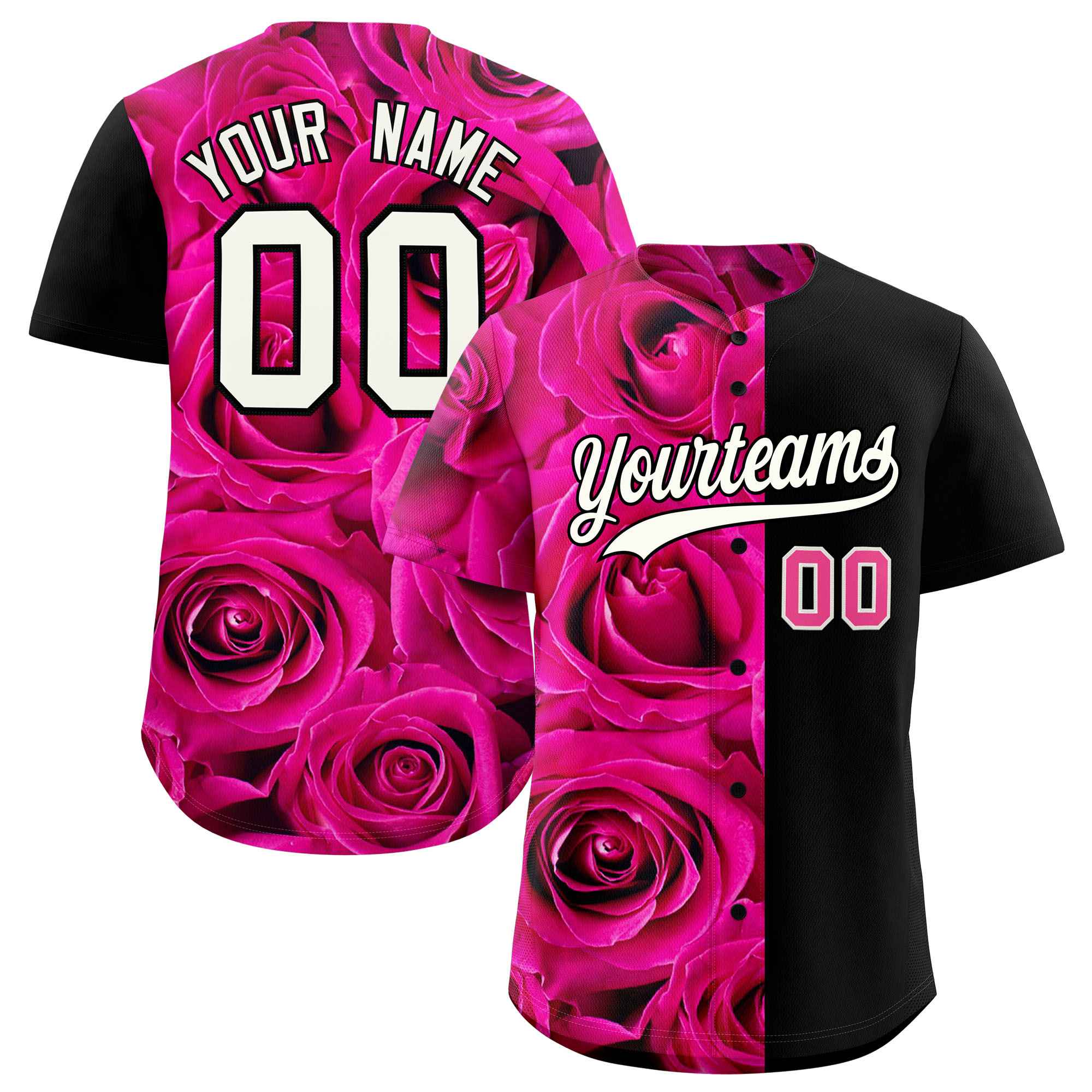 Custom Pink Black Split Rose Print Authentic Baseball Jersey