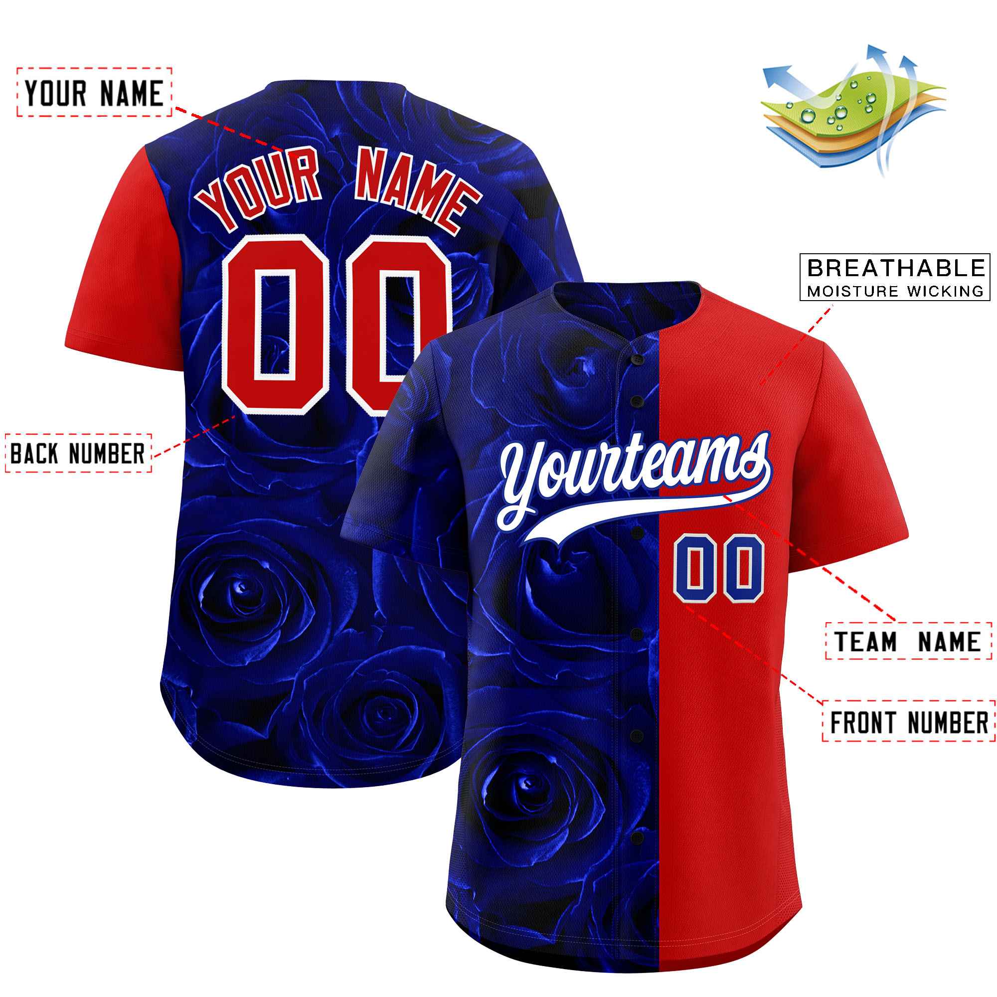 Custom Royal Red Split Rose Print Authentic Baseball Jersey