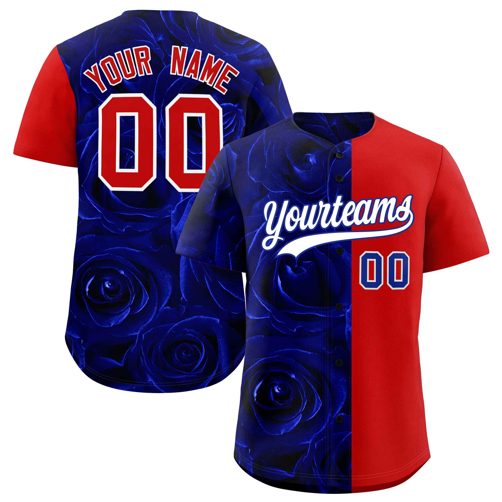 Custom Royal Red Split Rose Print Authentic Baseball Jersey