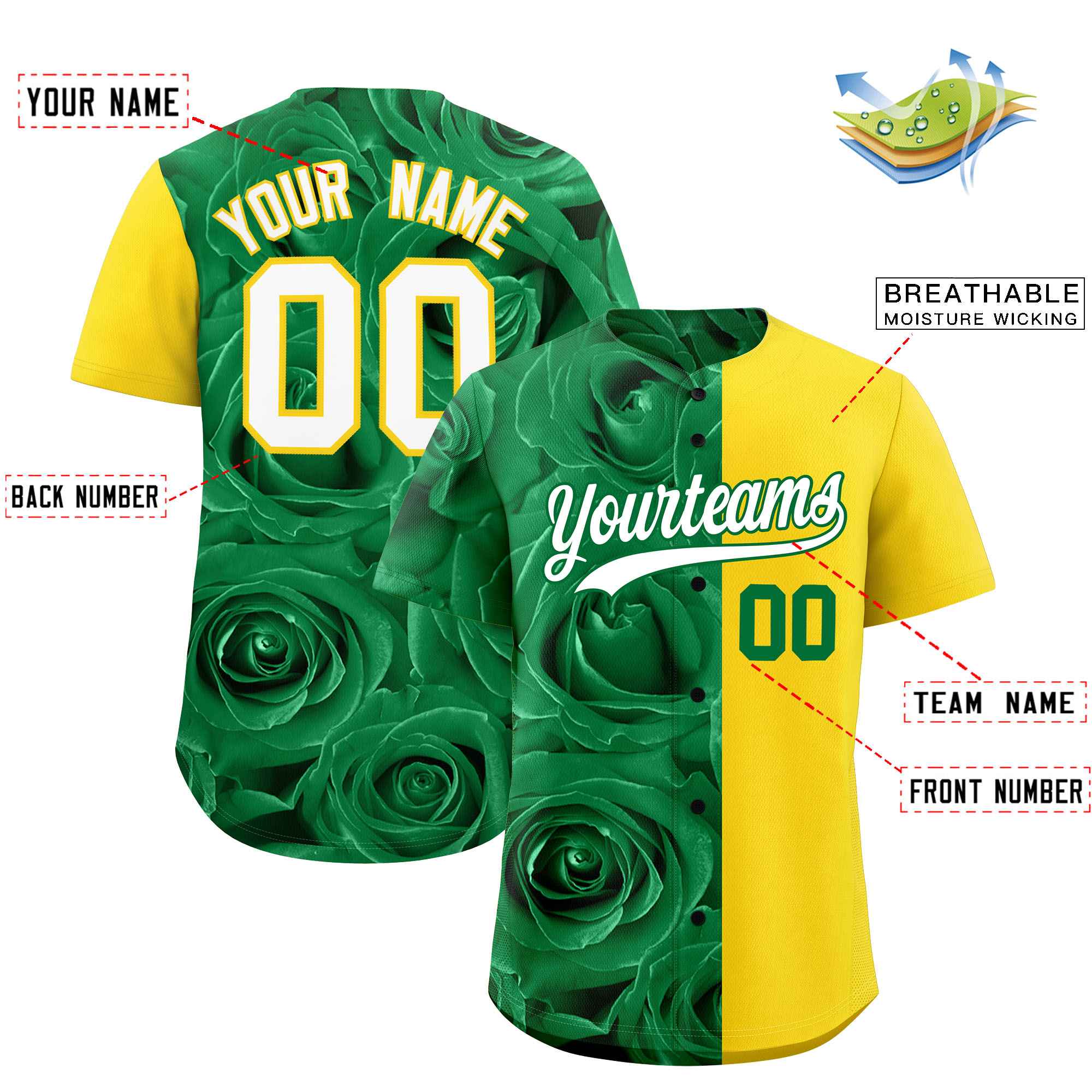 Custom Kelly Green Gold Split Rose Print Authentic Baseball Jersey