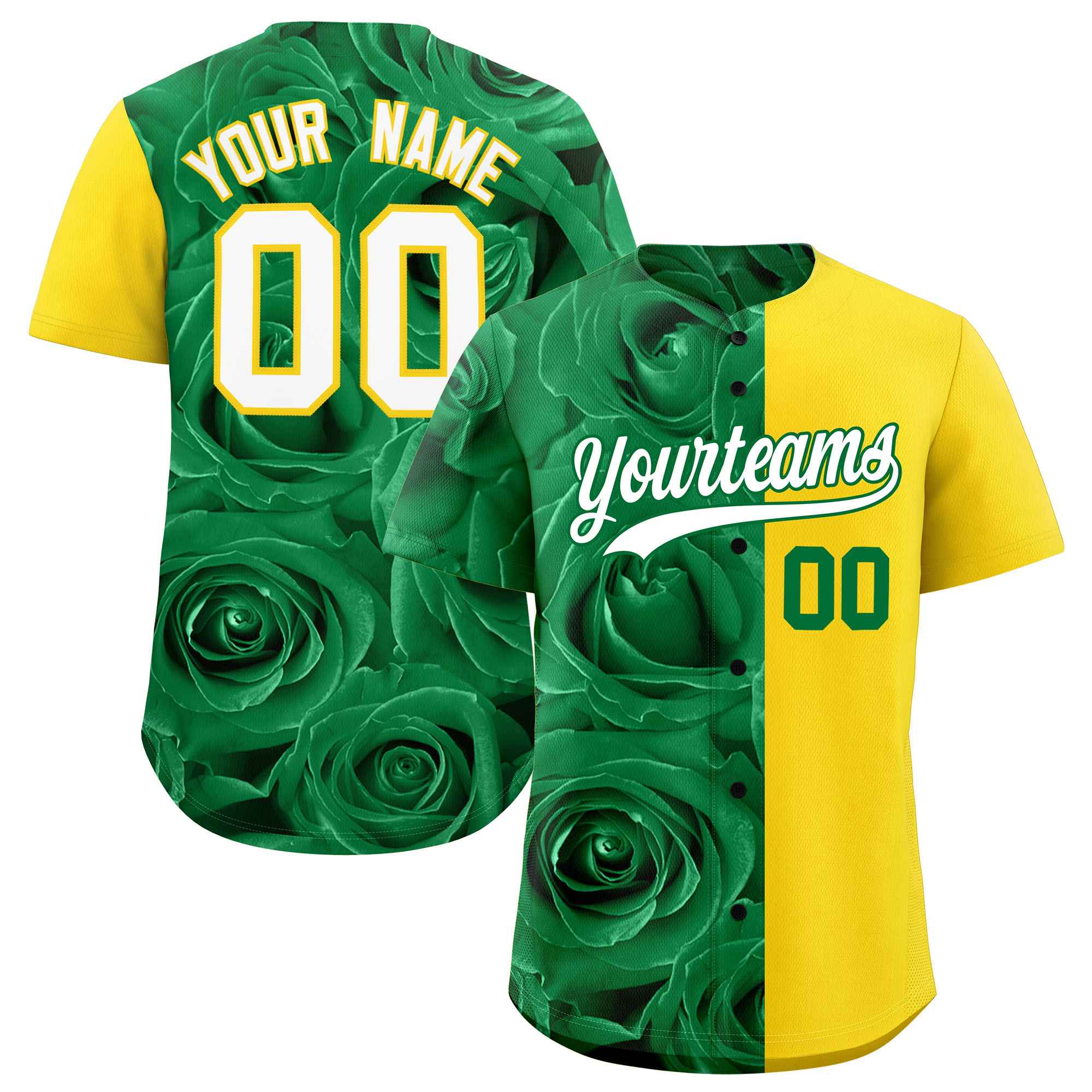 Custom Kelly Green Gold Split Rose Print Authentic Baseball Jersey