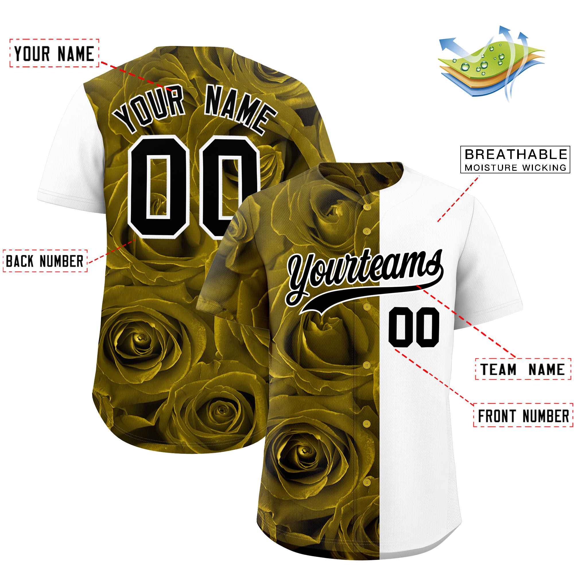 Custom Old Gold White Split Rose Print Authentic Baseball Jersey