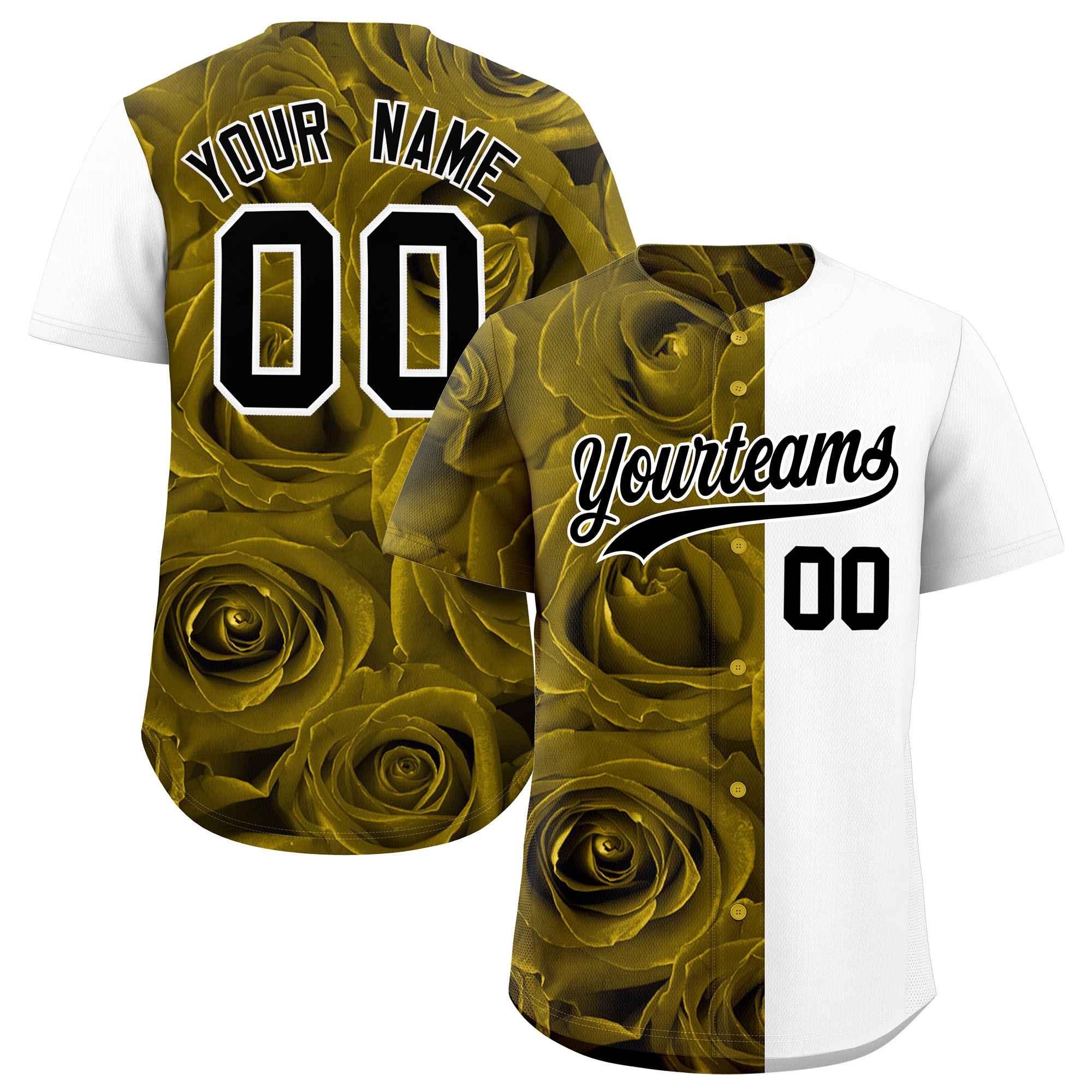 Custom Old Gold White Split Rose Print Authentic Baseball Jersey