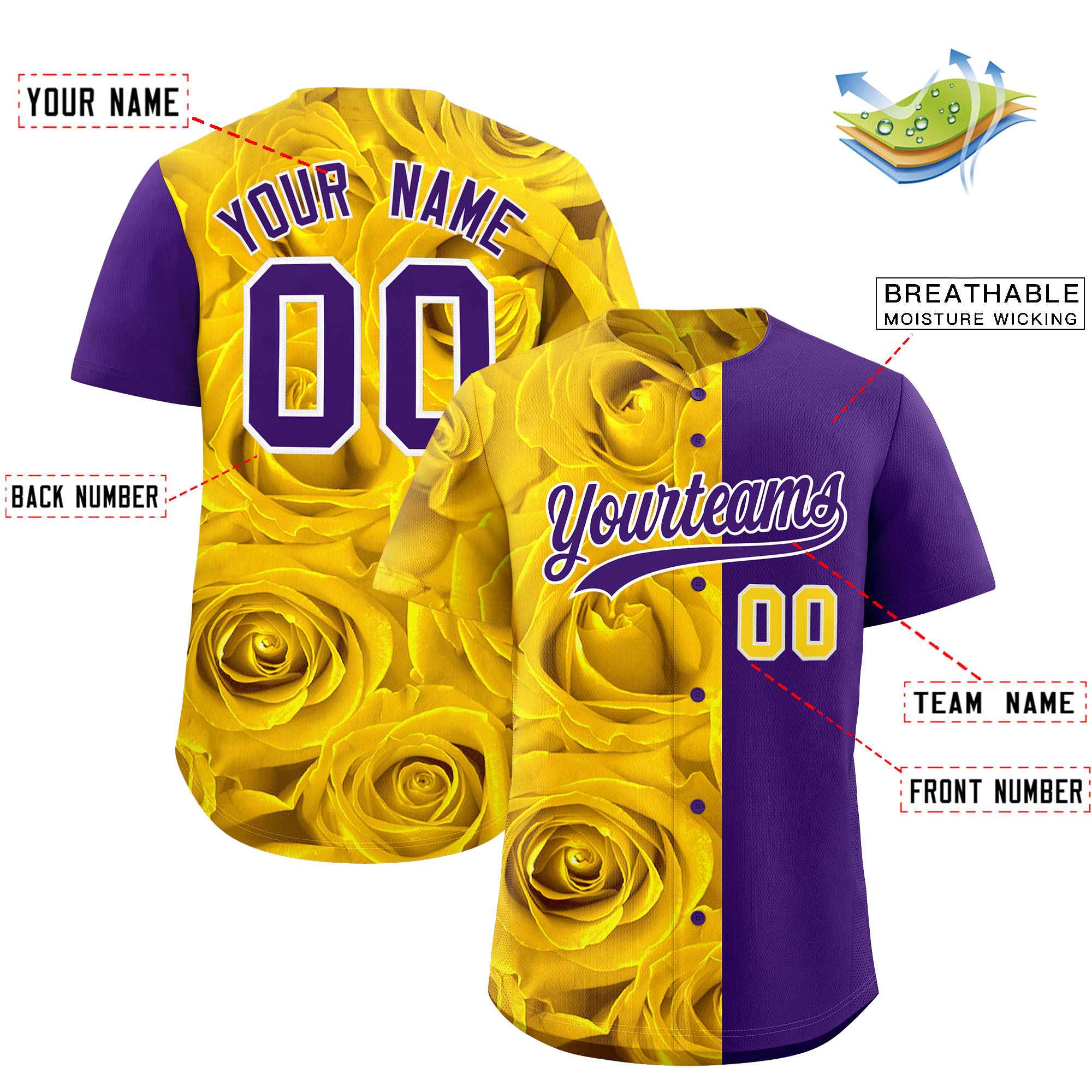 Custom Gold Purple Split Rose Print Authentic Baseball Jersey