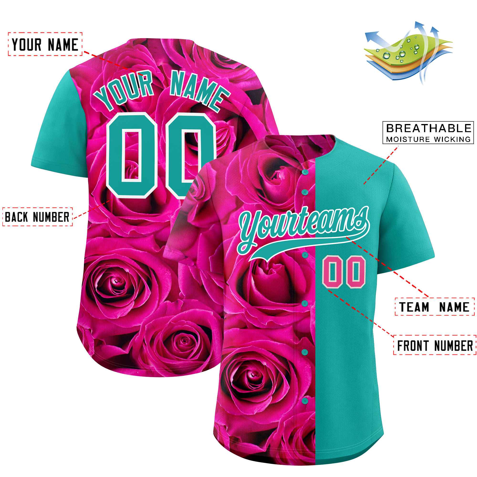 Custom Pink Aqua Split Rose Print Authentic Baseball Jersey