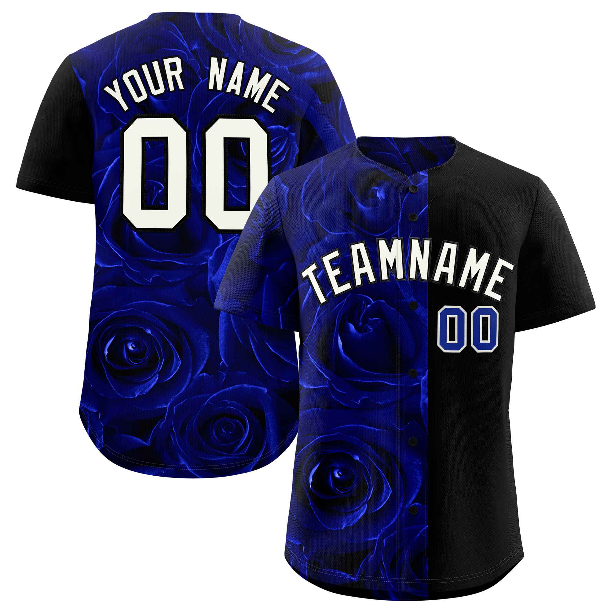 Custom Royal Black Split Rose Print Authentic Baseball Jersey