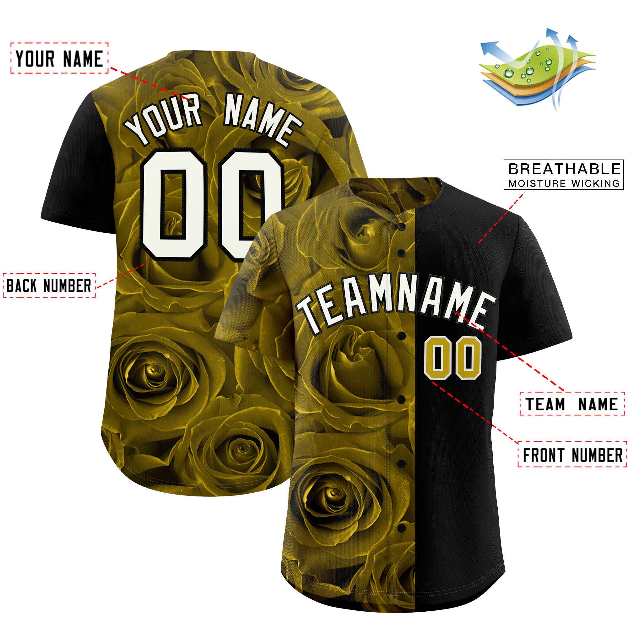 Custom Old Gold Black Split Rose Print Authentic Baseball Jersey