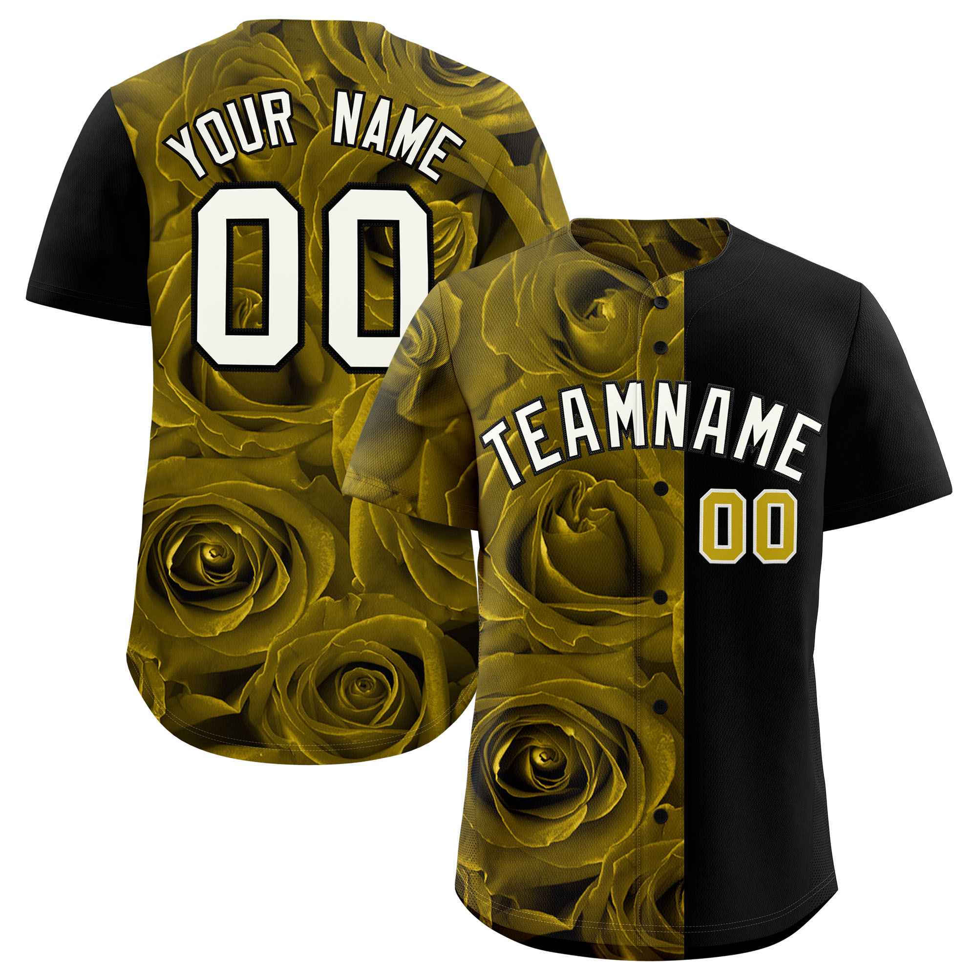 Custom Old Gold Black Split Rose Print Authentic Baseball Jersey