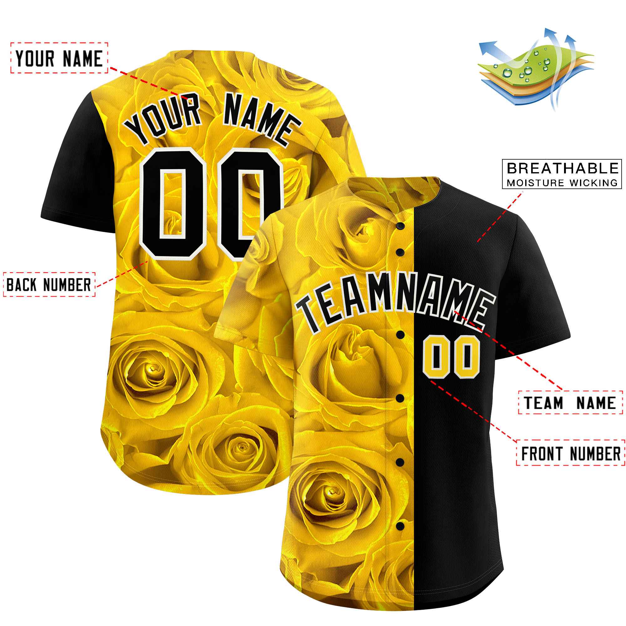 Custom Gold Black Split Rose Print Authentic Baseball Jersey