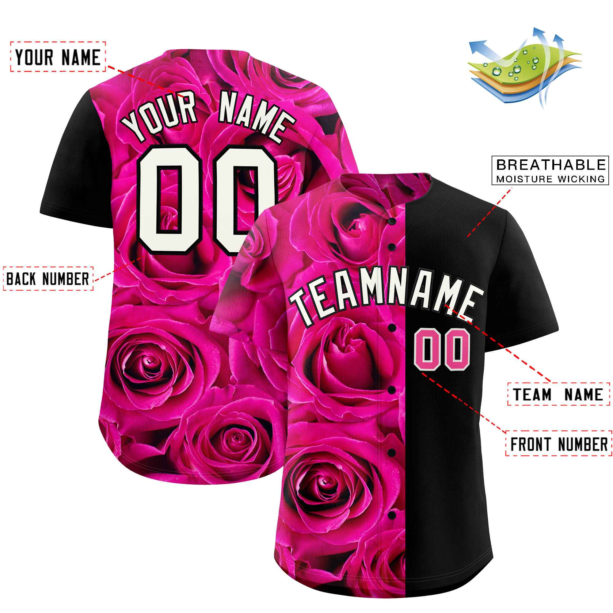 Custom Pink Black Split Rose Print Authentic Baseball Jersey