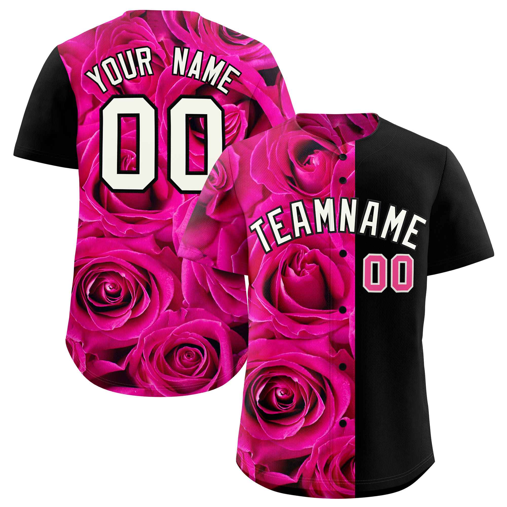 Custom Pink Black Split Rose Print Authentic Baseball Jersey