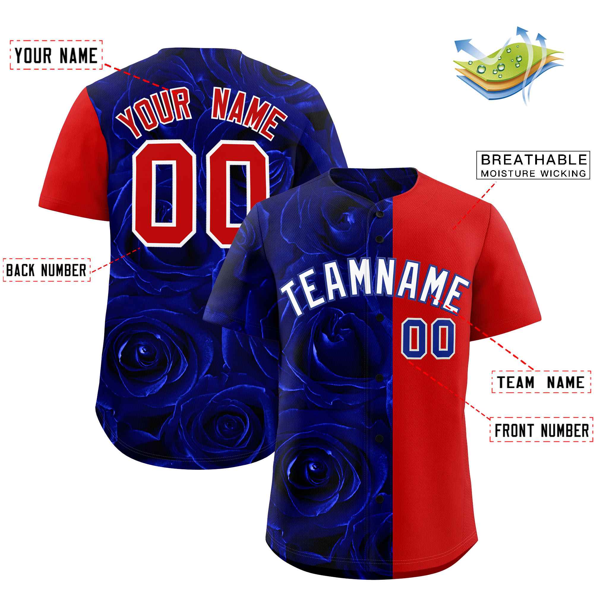 Custom Royal Red Split Rose Print Authentic Baseball Jersey