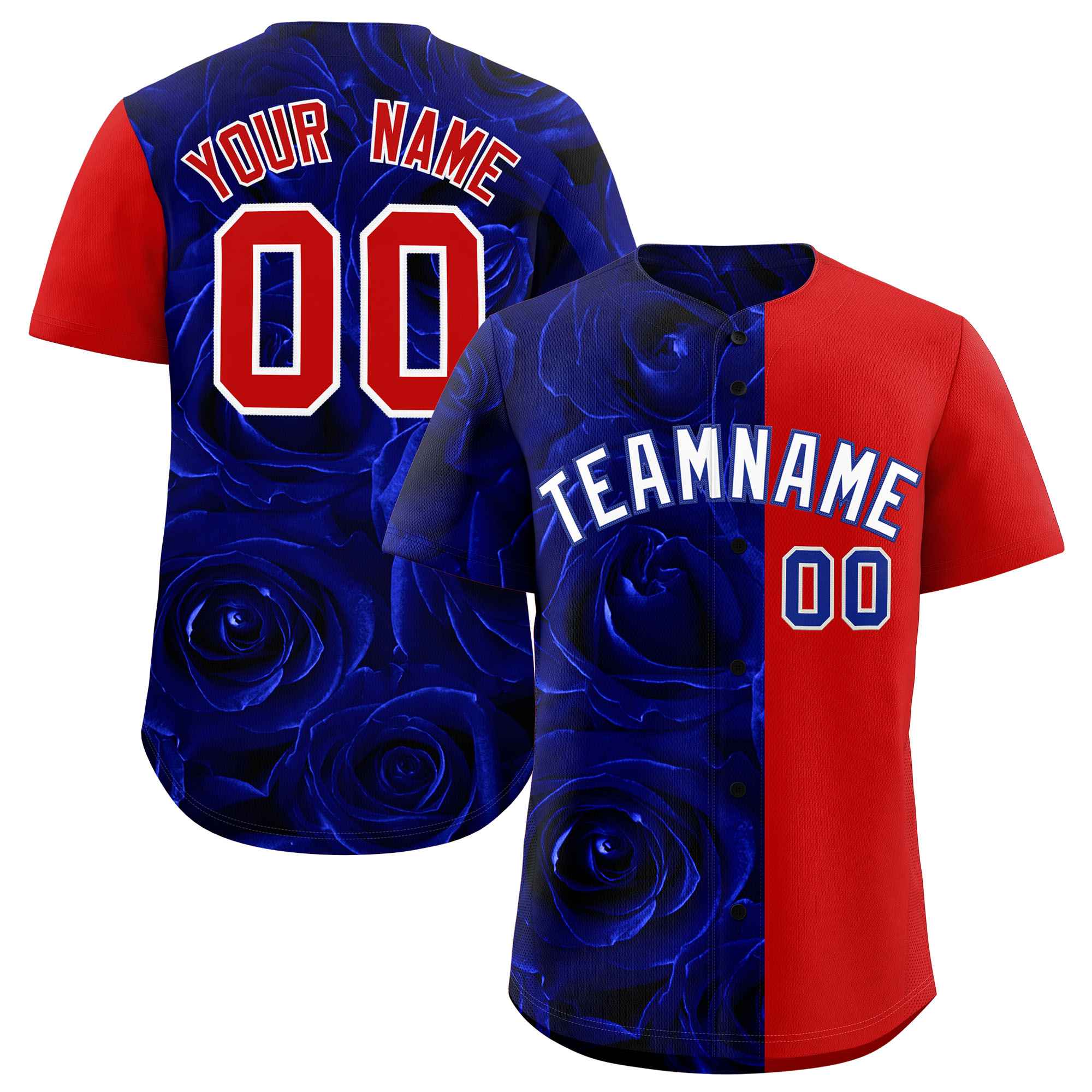 Custom Royal Red Split Rose Print Authentic Baseball Jersey