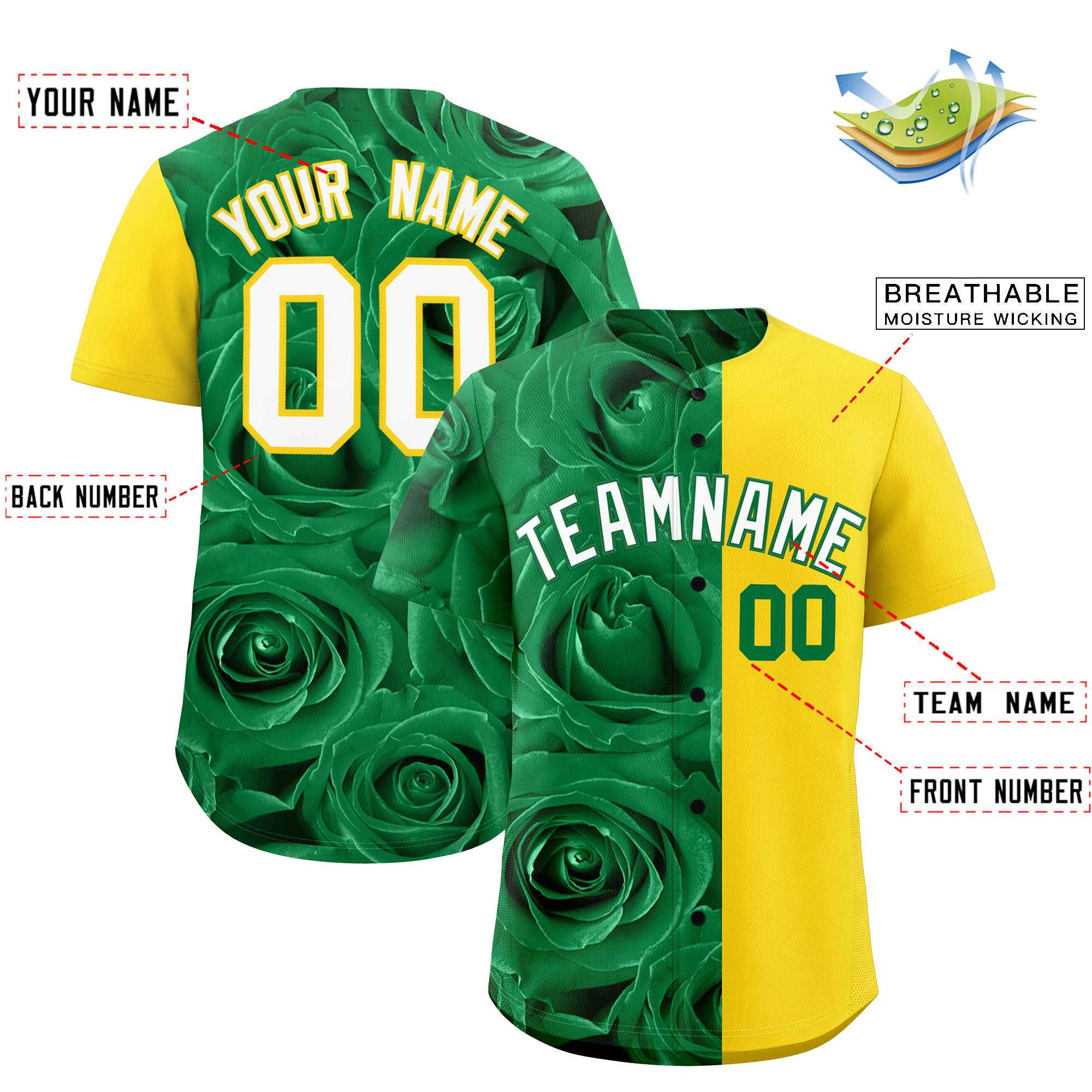 Custom Kelly Green Gold Split Rose Print Authentic Baseball Jersey