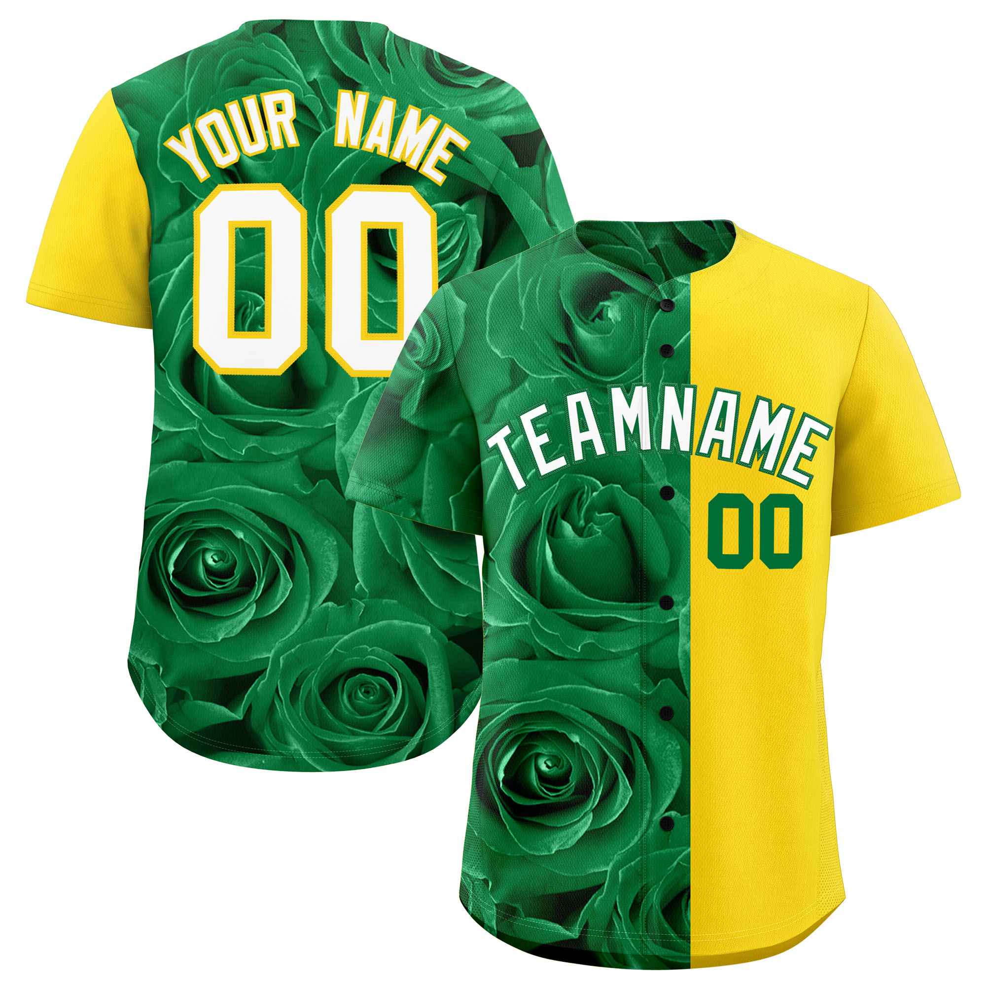 Custom Kelly Green Gold Split Rose Print Authentic Baseball Jersey