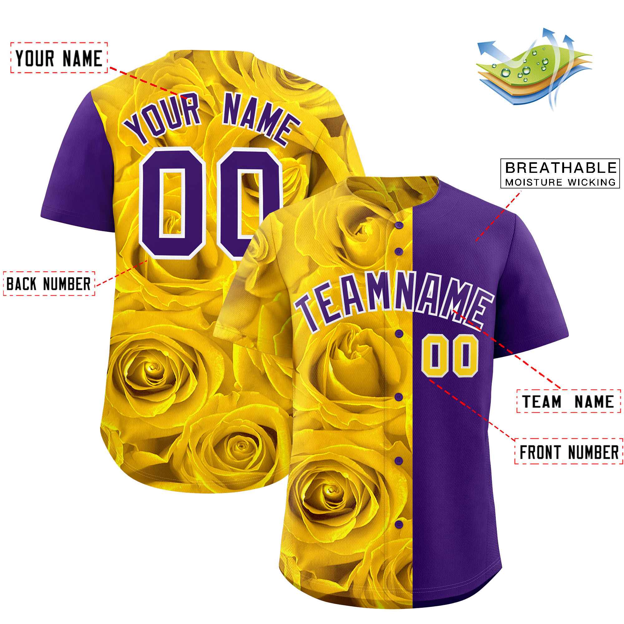 Custom Gold Purple Split Rose Print Authentic Baseball Jersey