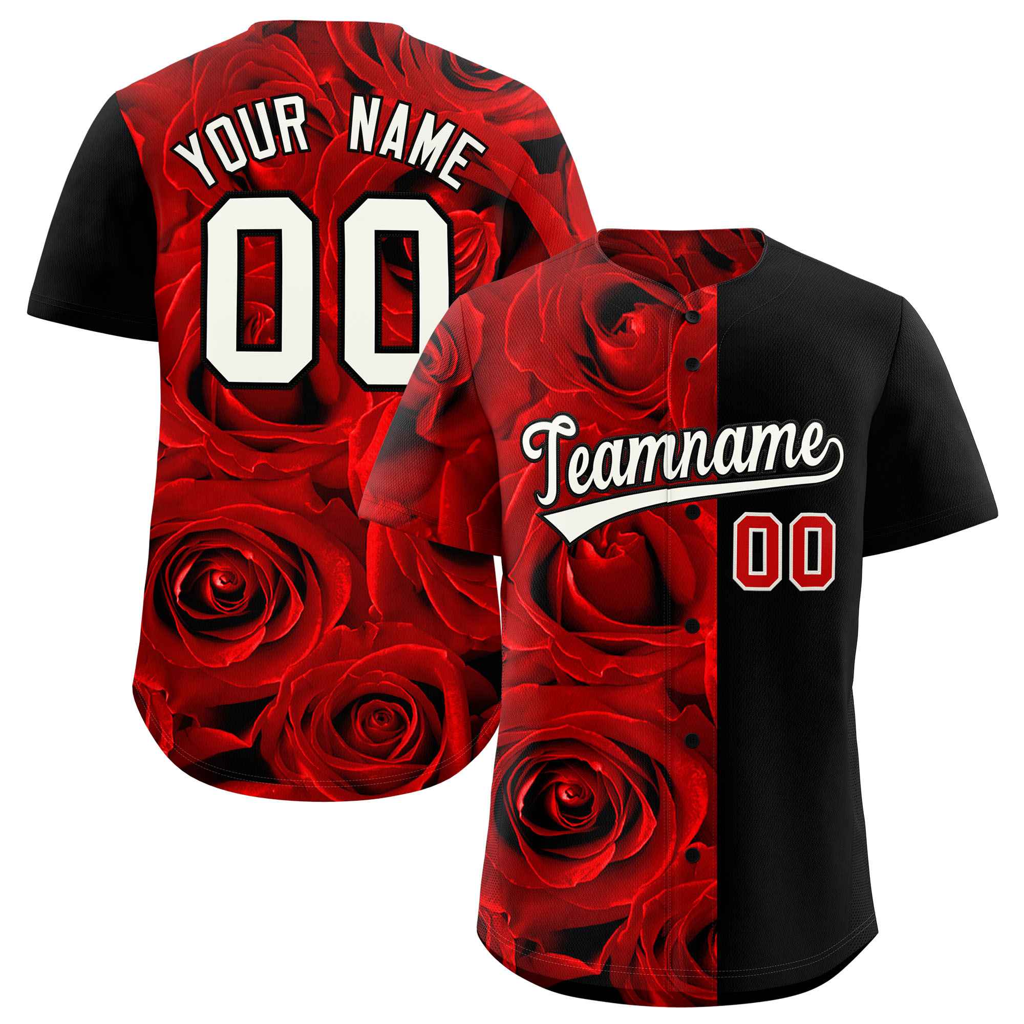 Custom Red Black Split Rose Print Authentic Baseball Jersey