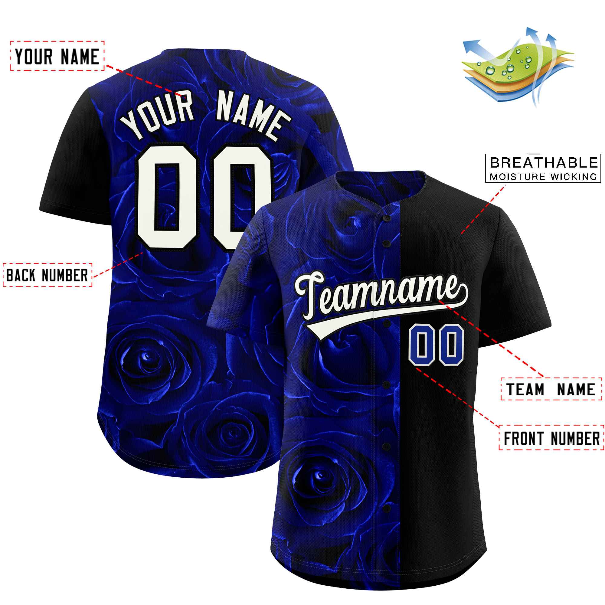 Custom Royal Black Split Rose Print Authentic Baseball Jersey