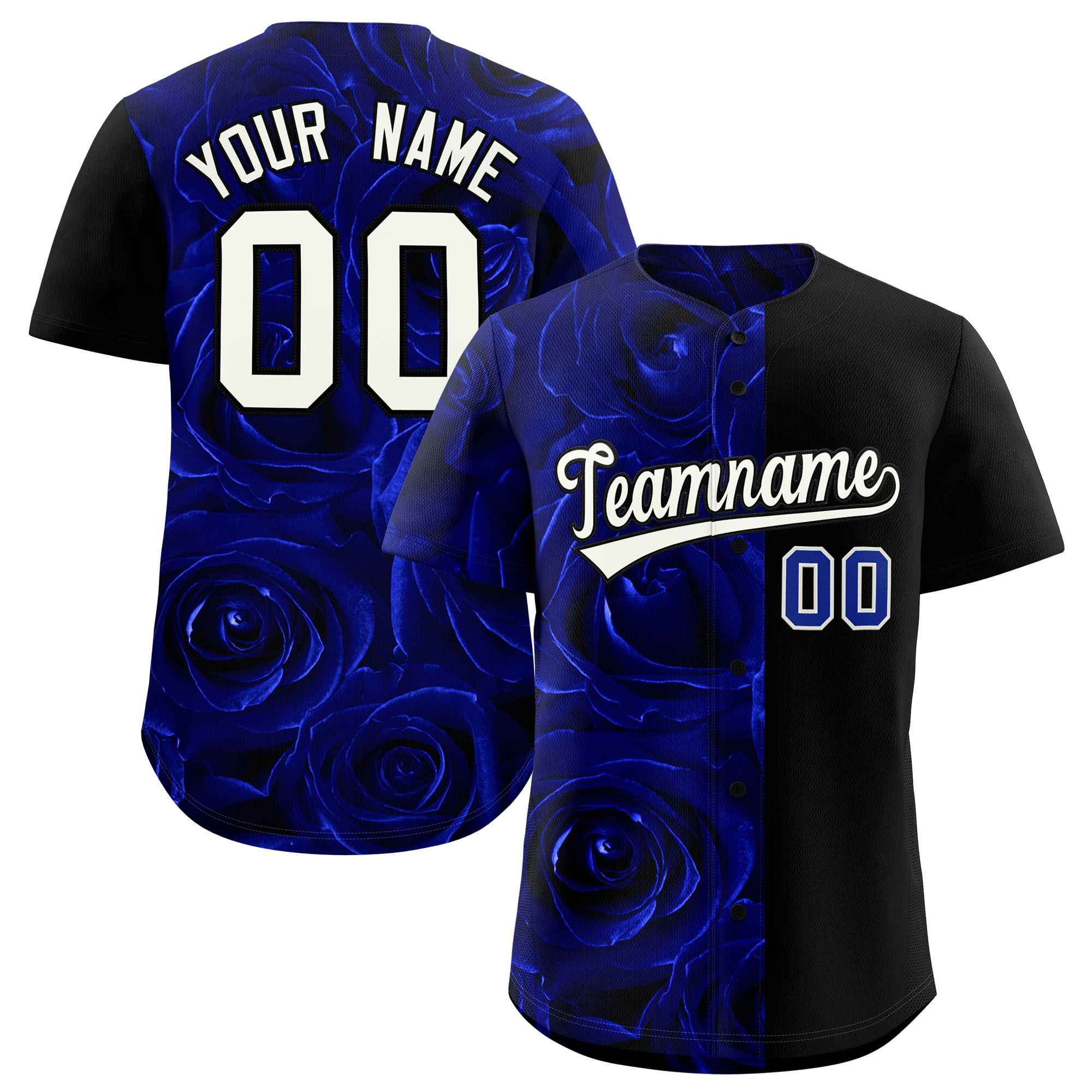 Custom Royal Black Split Rose Print Authentic Baseball Jersey