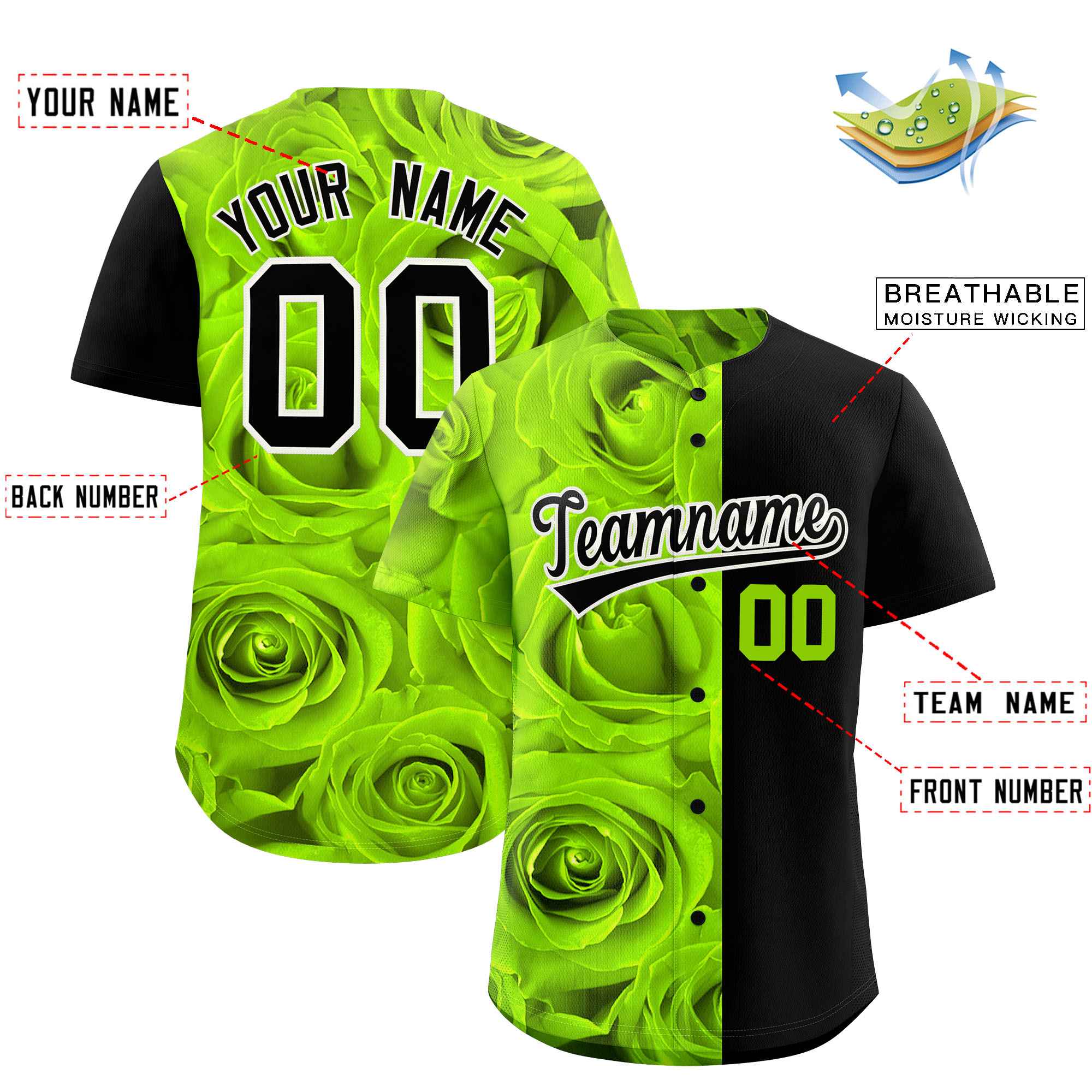 Custom Neon Green Black Split Rose Print Authentic Baseball Jersey