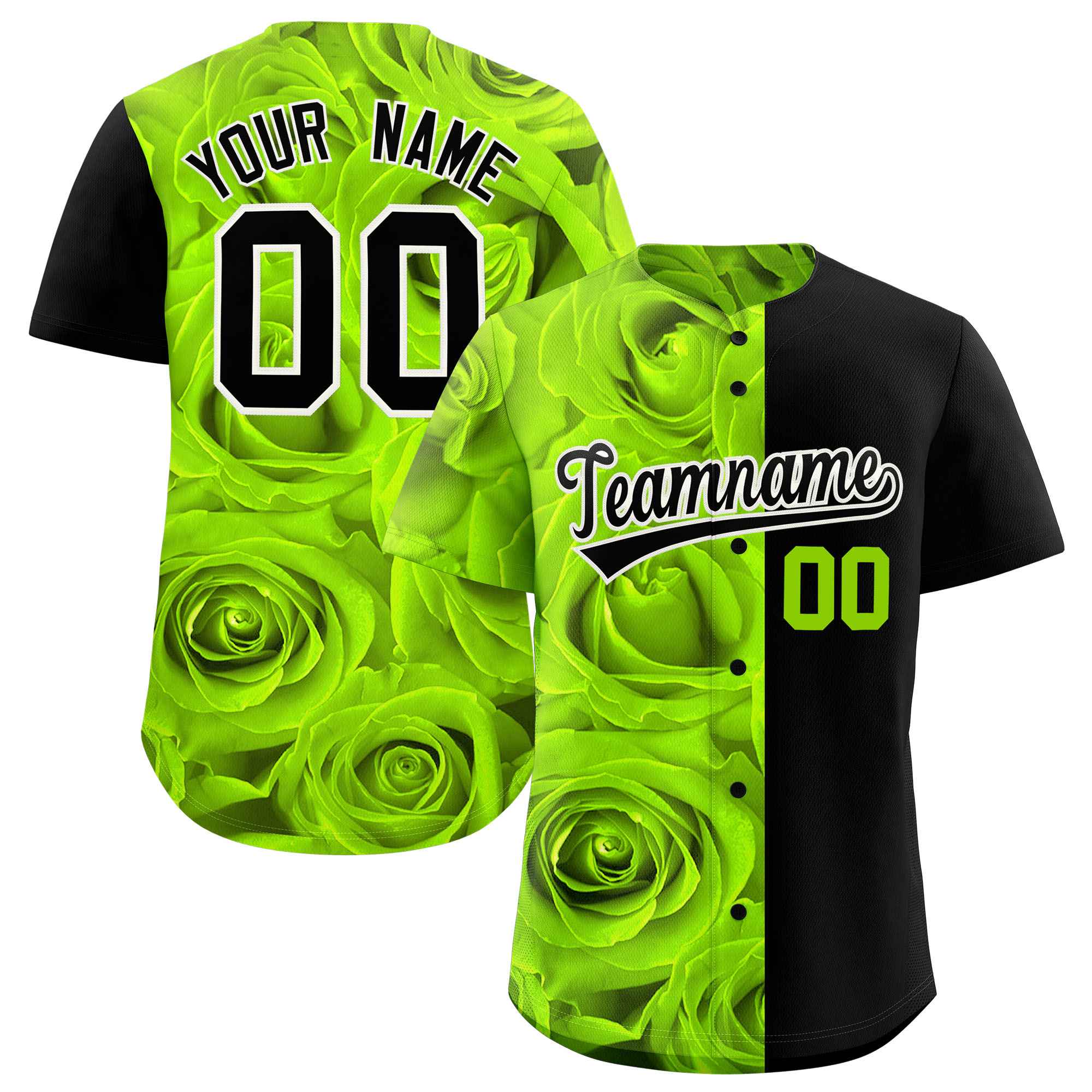 Custom Neon Green Black Split Rose Print Authentic Baseball Jersey