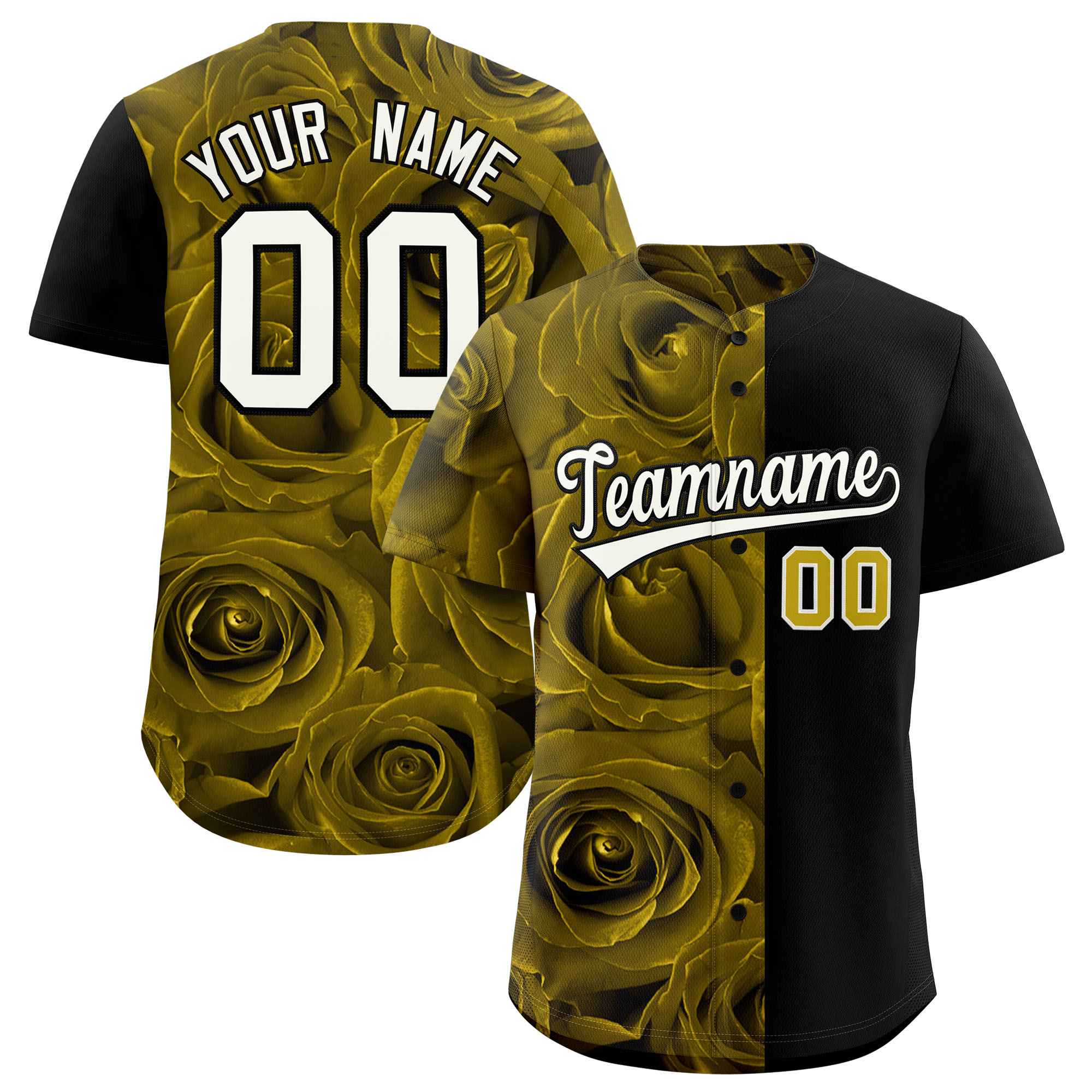 Custom Old Gold Black Split Rose Print Authentic Baseball Jersey