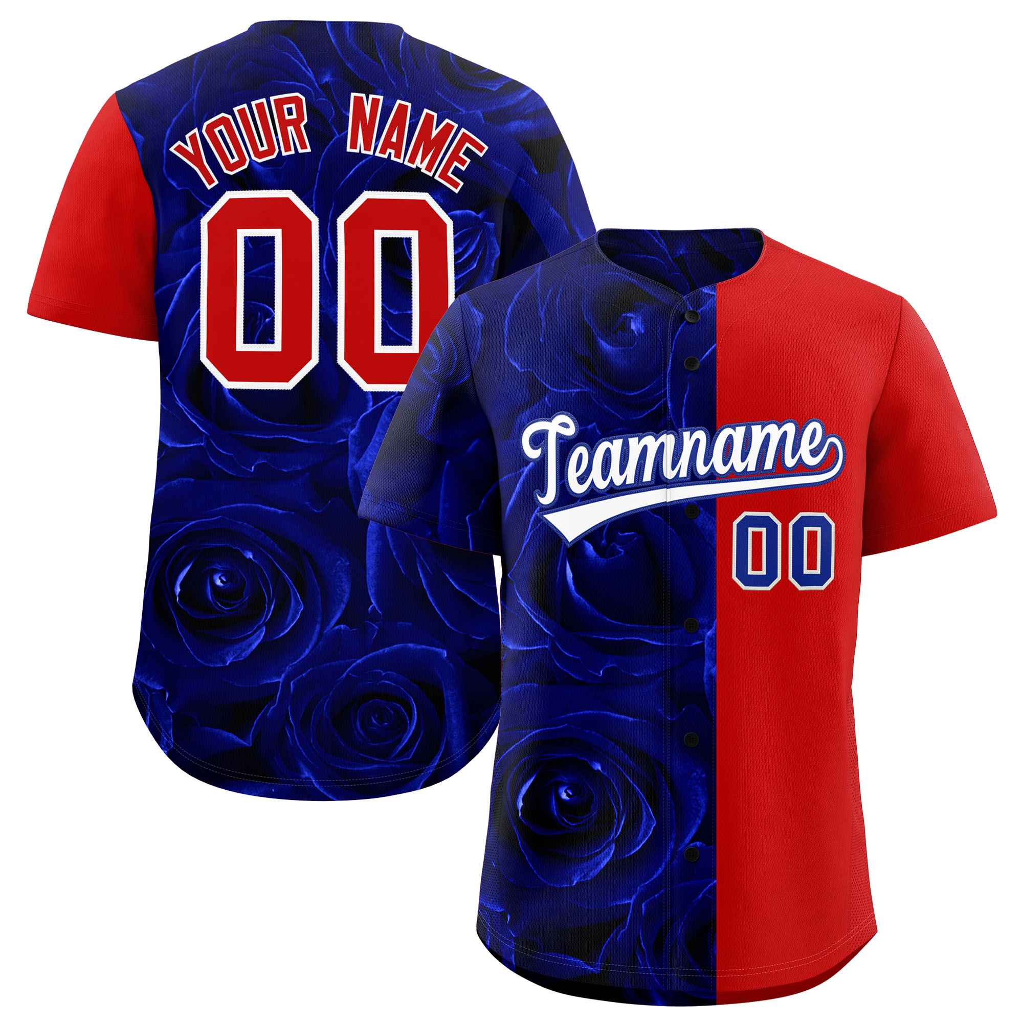 Custom Royal Red Split Rose Print Authentic Baseball Jersey