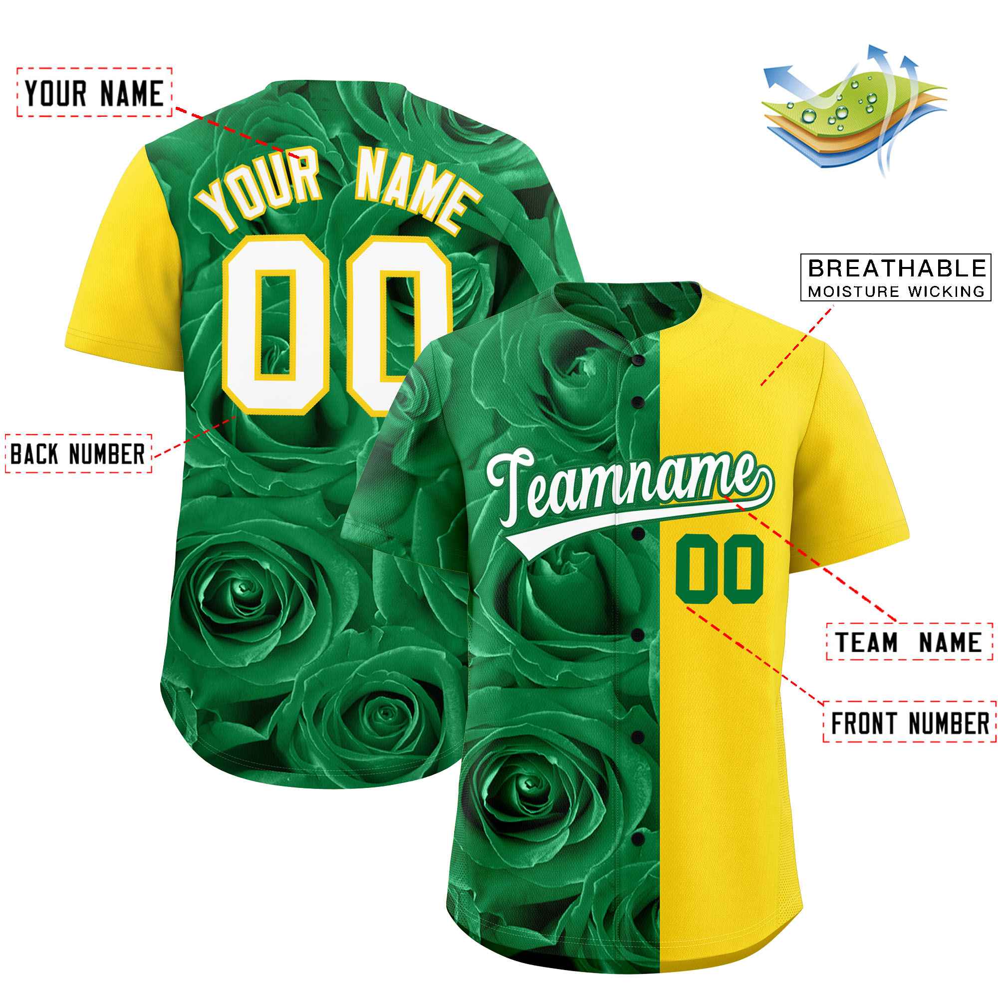 Custom Kelly Green Gold Split Rose Print Authentic Baseball Jersey