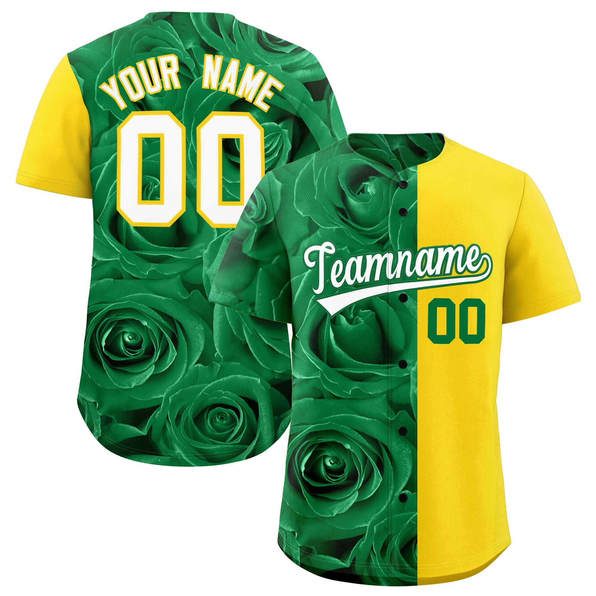 Custom Kelly Green Gold Split Rose Print Authentic Baseball Jersey