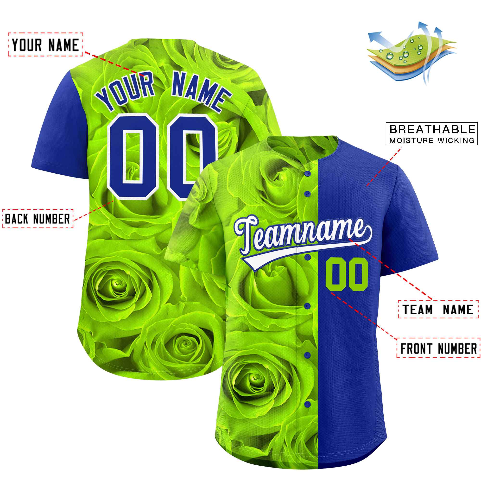 Custom Neon Green Royal Split Rose Print Authentic Baseball Jersey