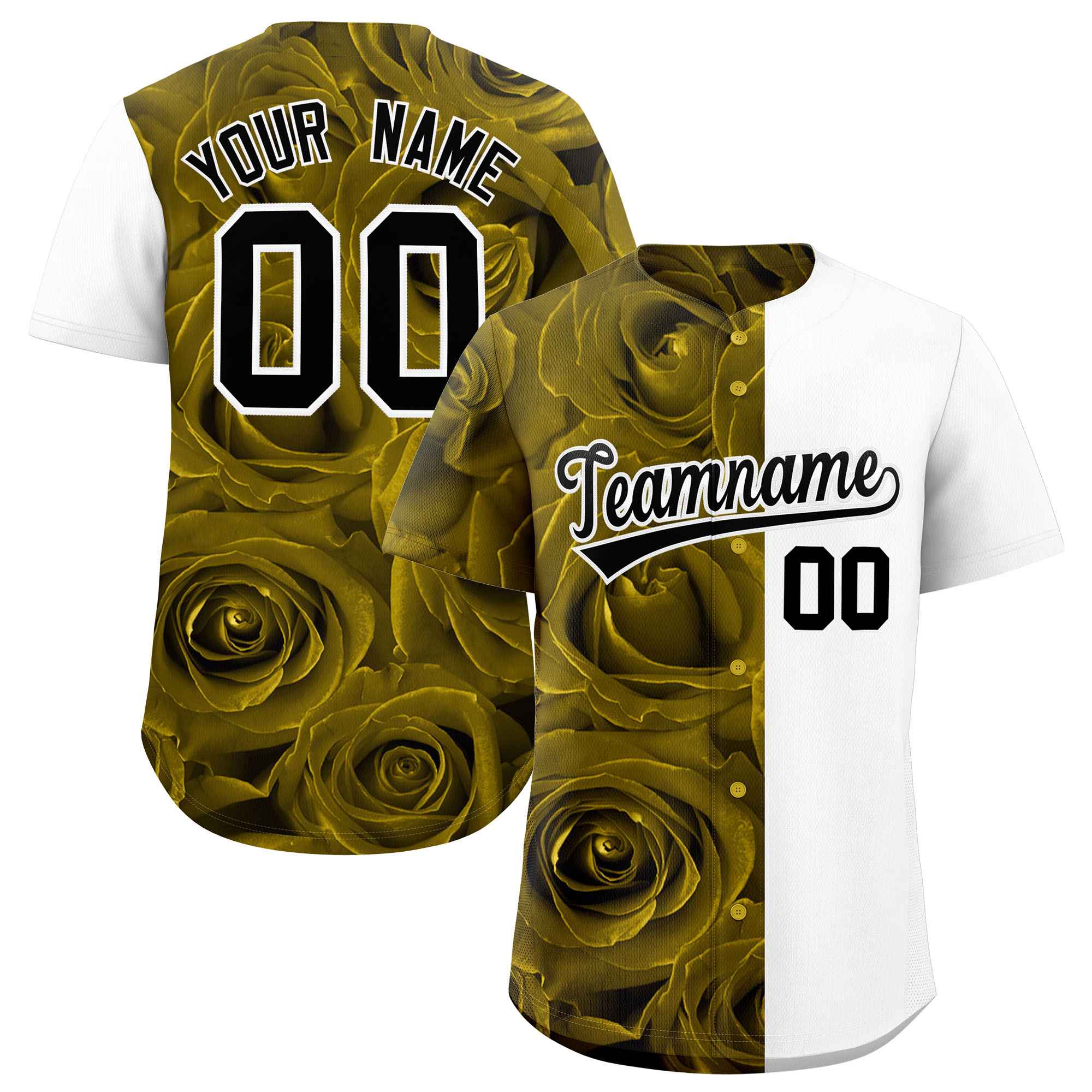 Custom Old Gold White Split Rose Print Authentic Baseball Jersey