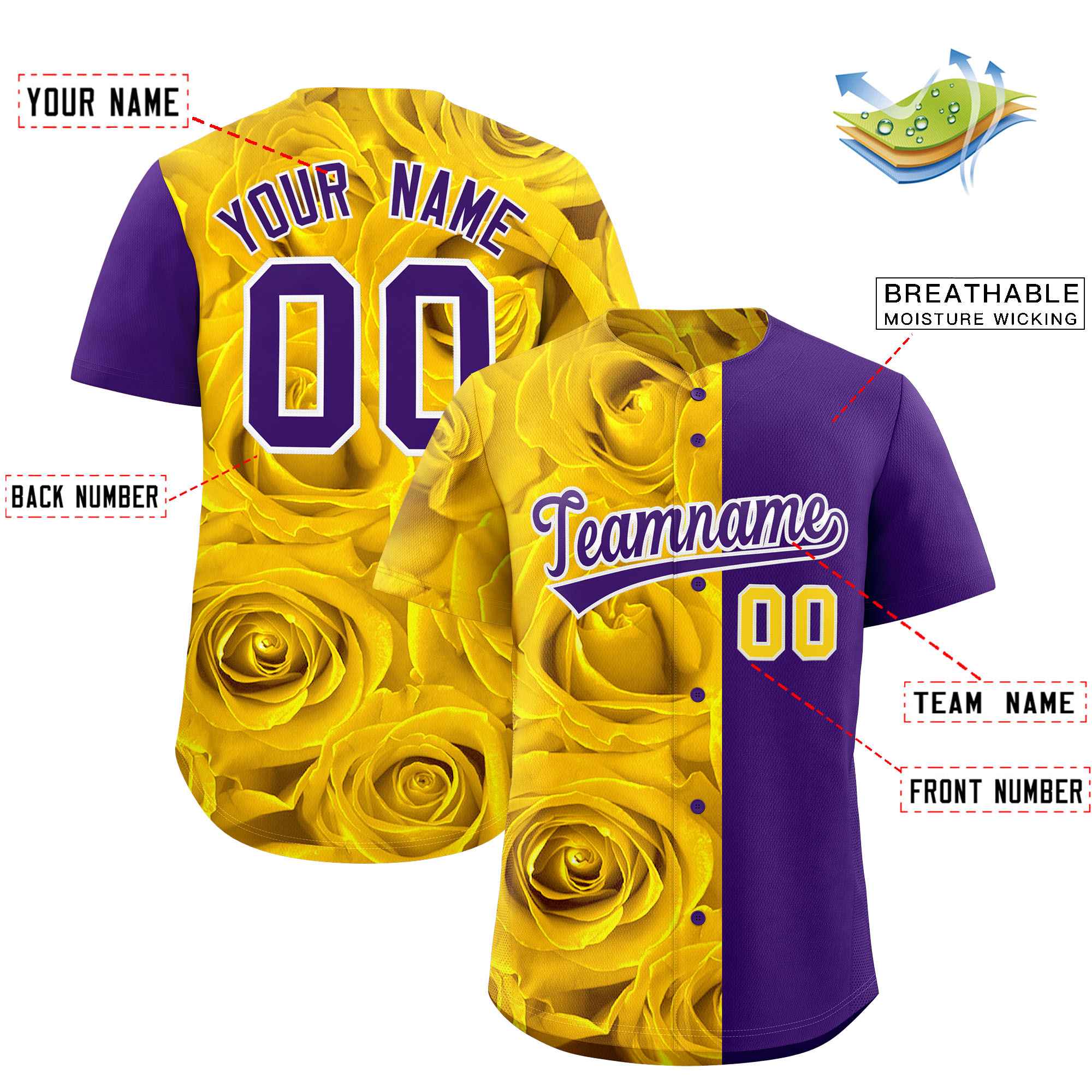 Custom Gold Purple Split Rose Print Authentic Baseball Jersey