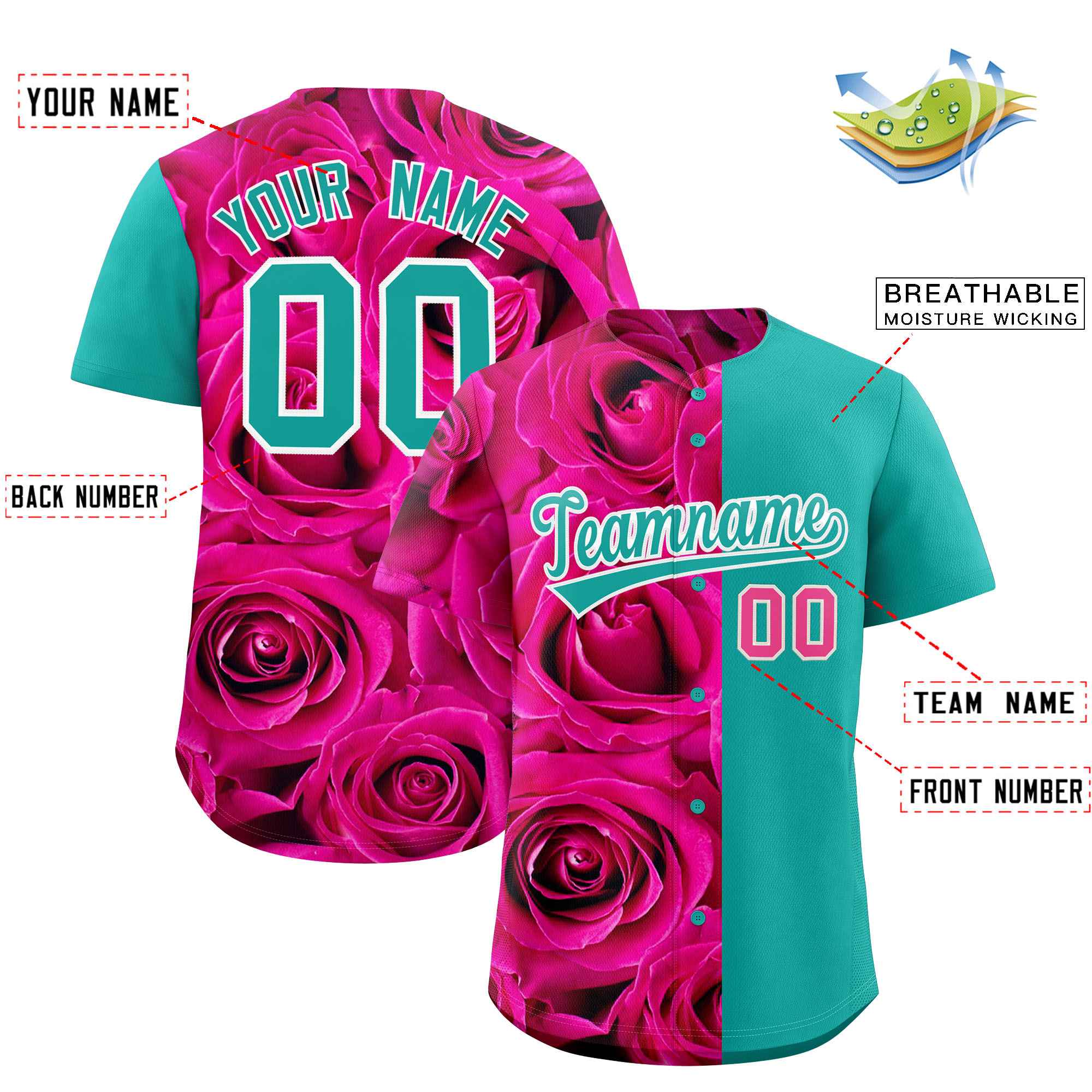 Custom Pink Aqua Split Rose Print Authentic Baseball Jersey