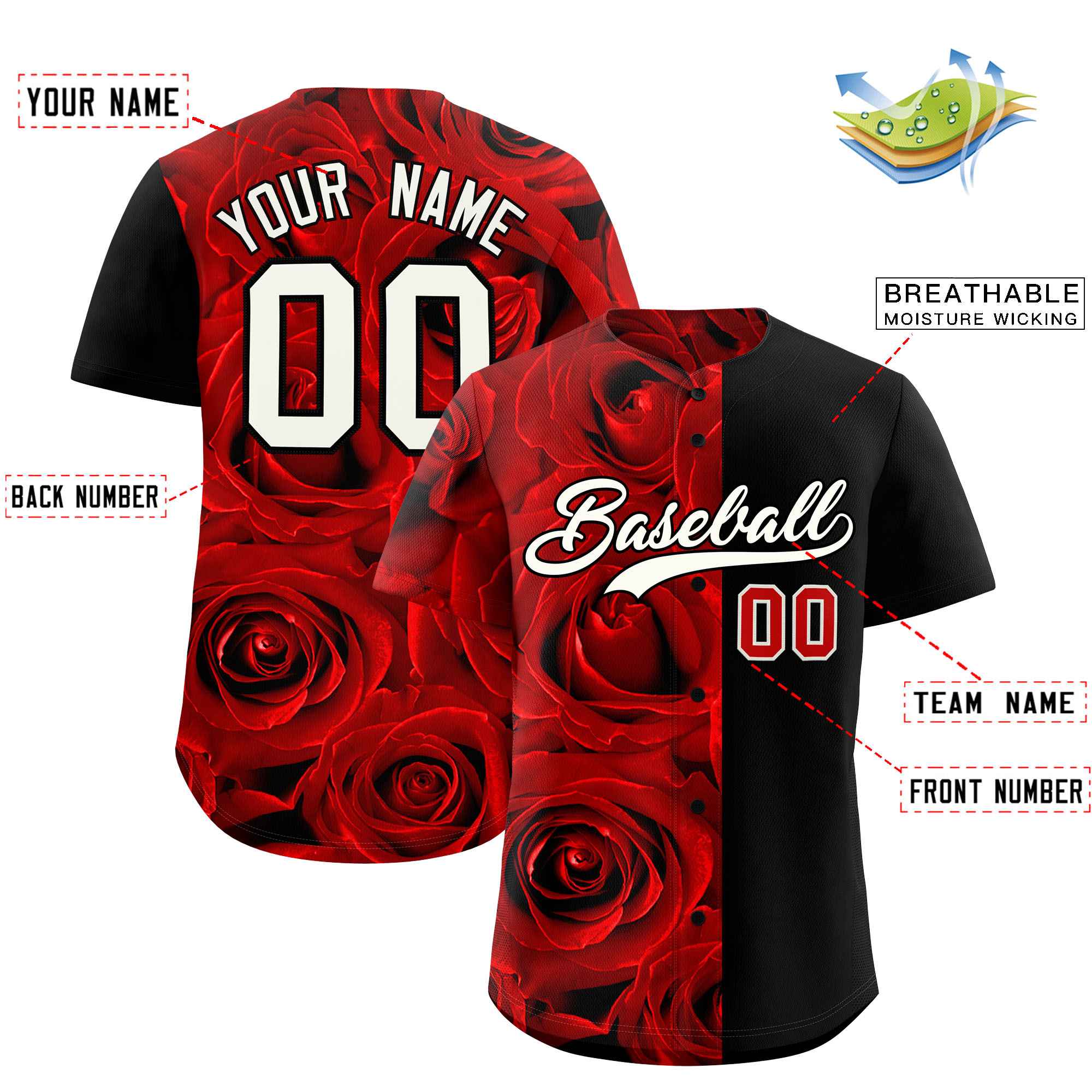 Custom Red Black Split Rose Print Authentic Baseball Jersey