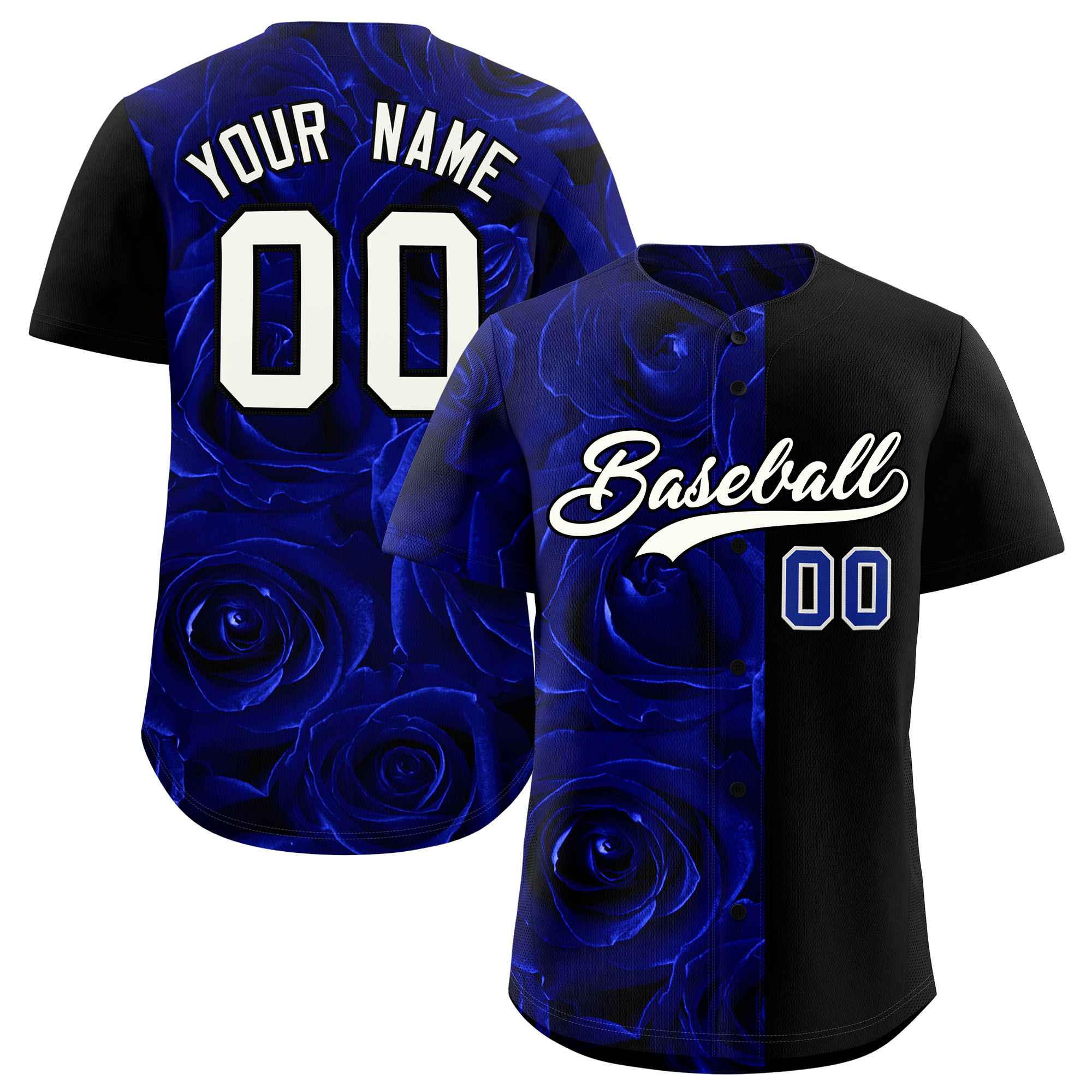 Custom Royal Black Split Rose Print Authentic Baseball Jersey