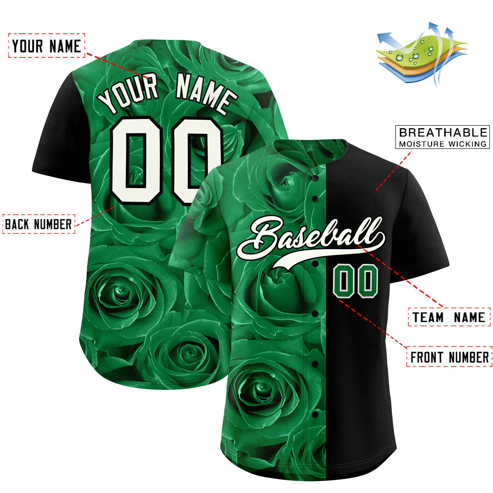 Custom Kelly Green Black Split Rose Print Authentic Baseball Jersey