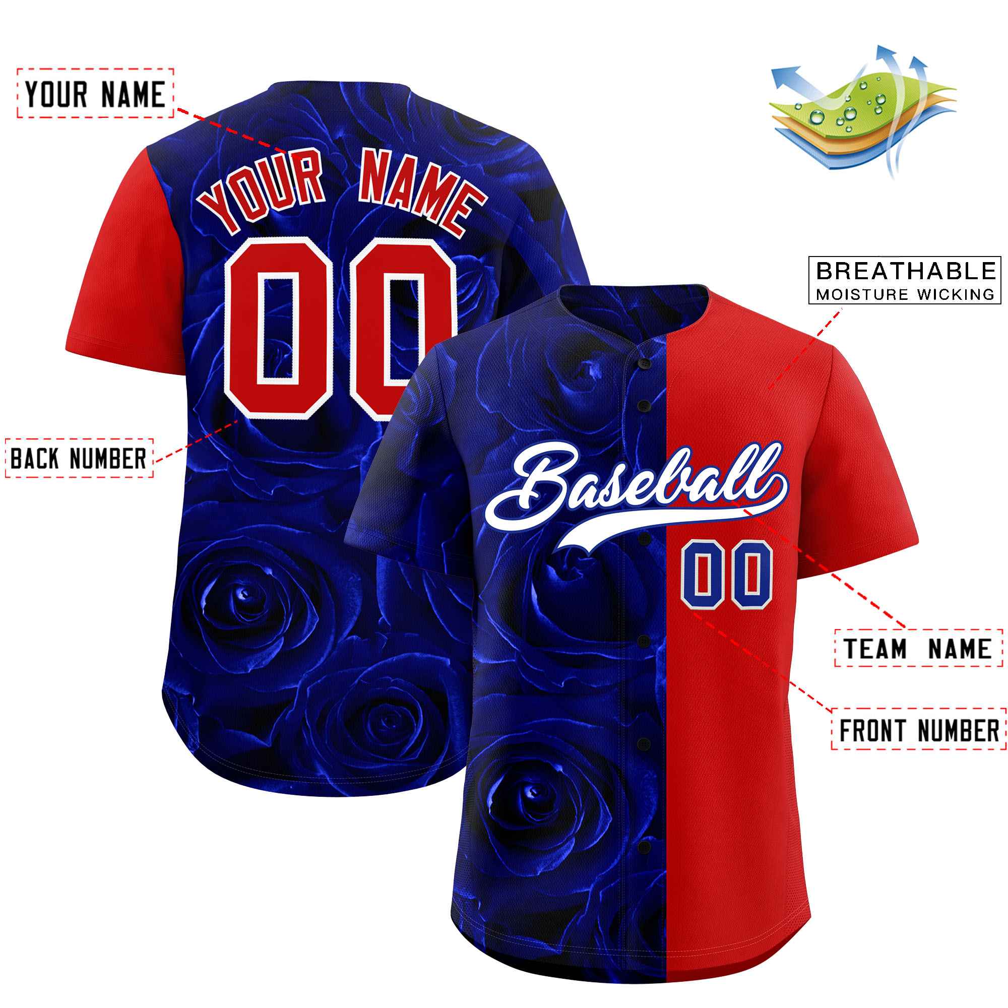 Custom Royal Red Split Rose Print Authentic Baseball Jersey