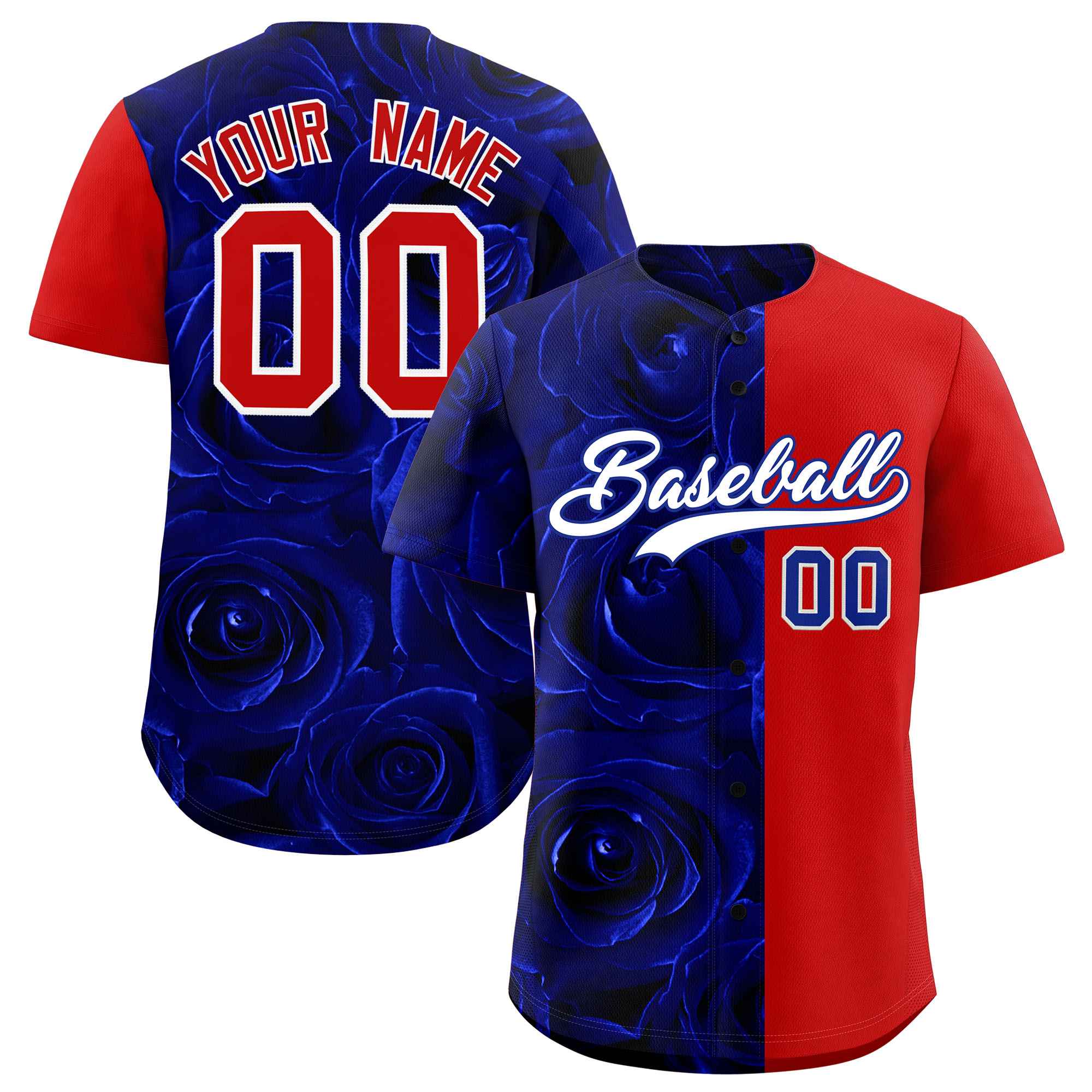 Custom Royal Red Split Rose Print Authentic Baseball Jersey